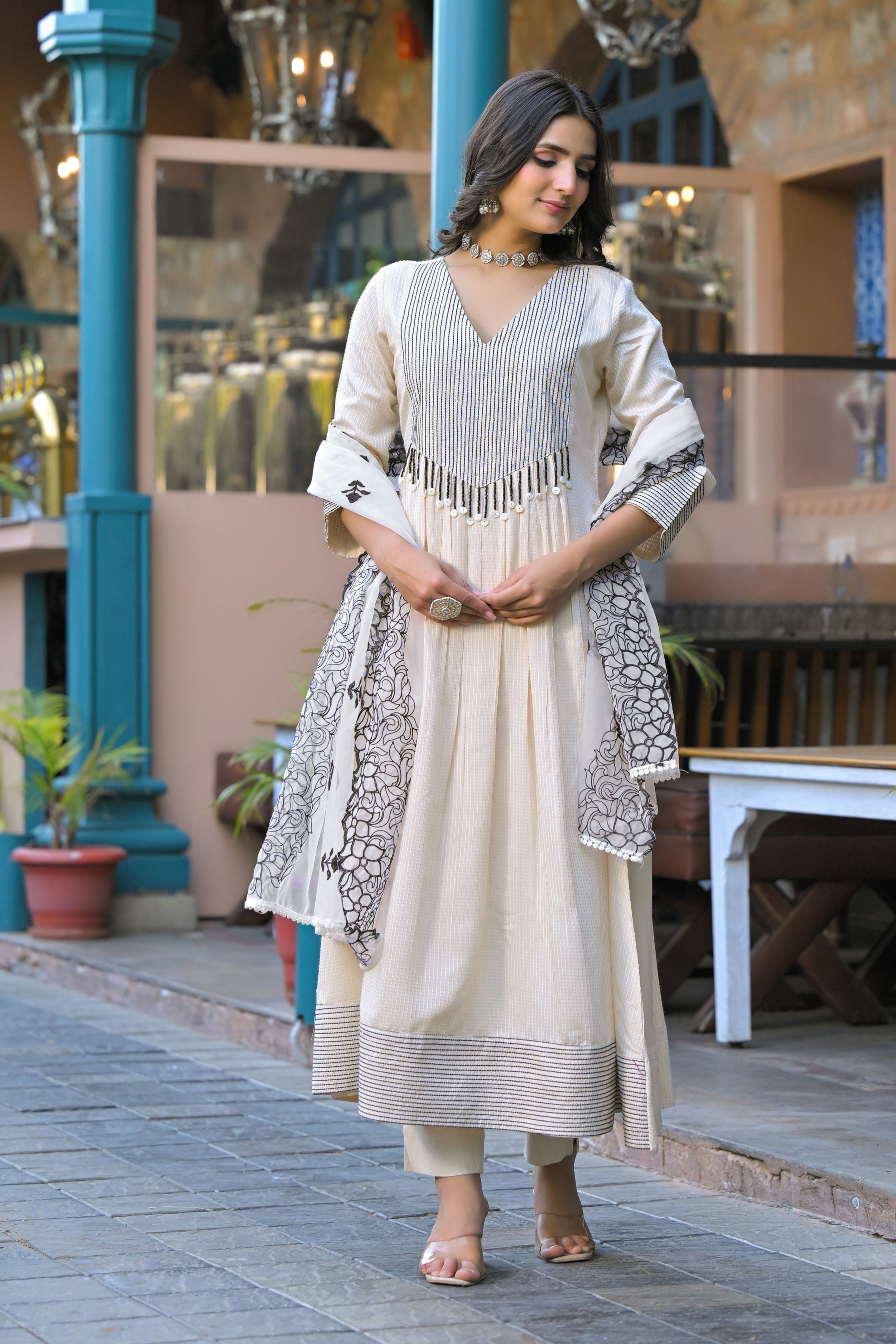 Black Hand Work and Thread Work Cotton Anarkali V-Neck Kurta and Trouser With Dupatta