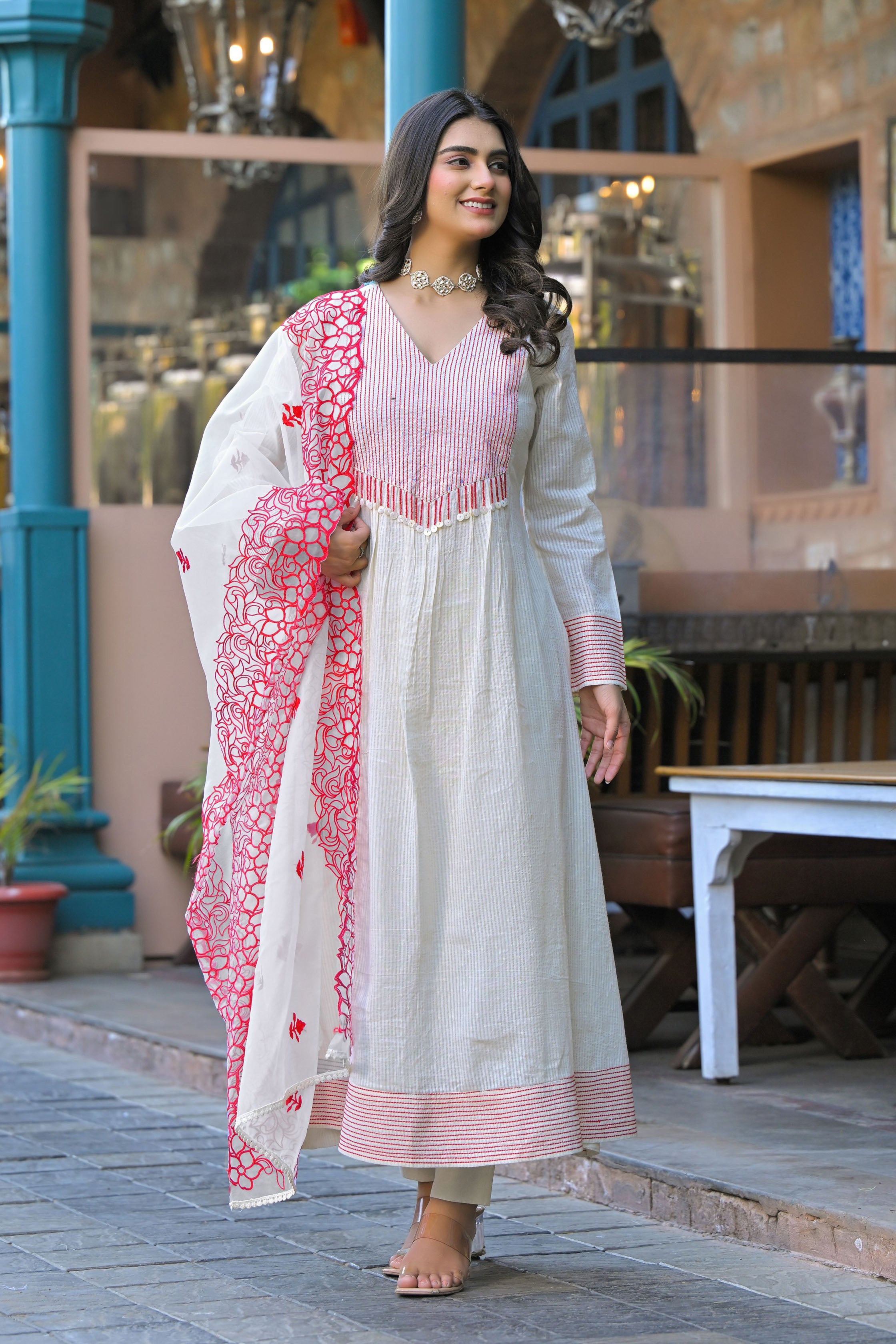 Red Hand Work and Thread Work Cotton Anarkali V-Neck Kurta and Trouser With Dupatta