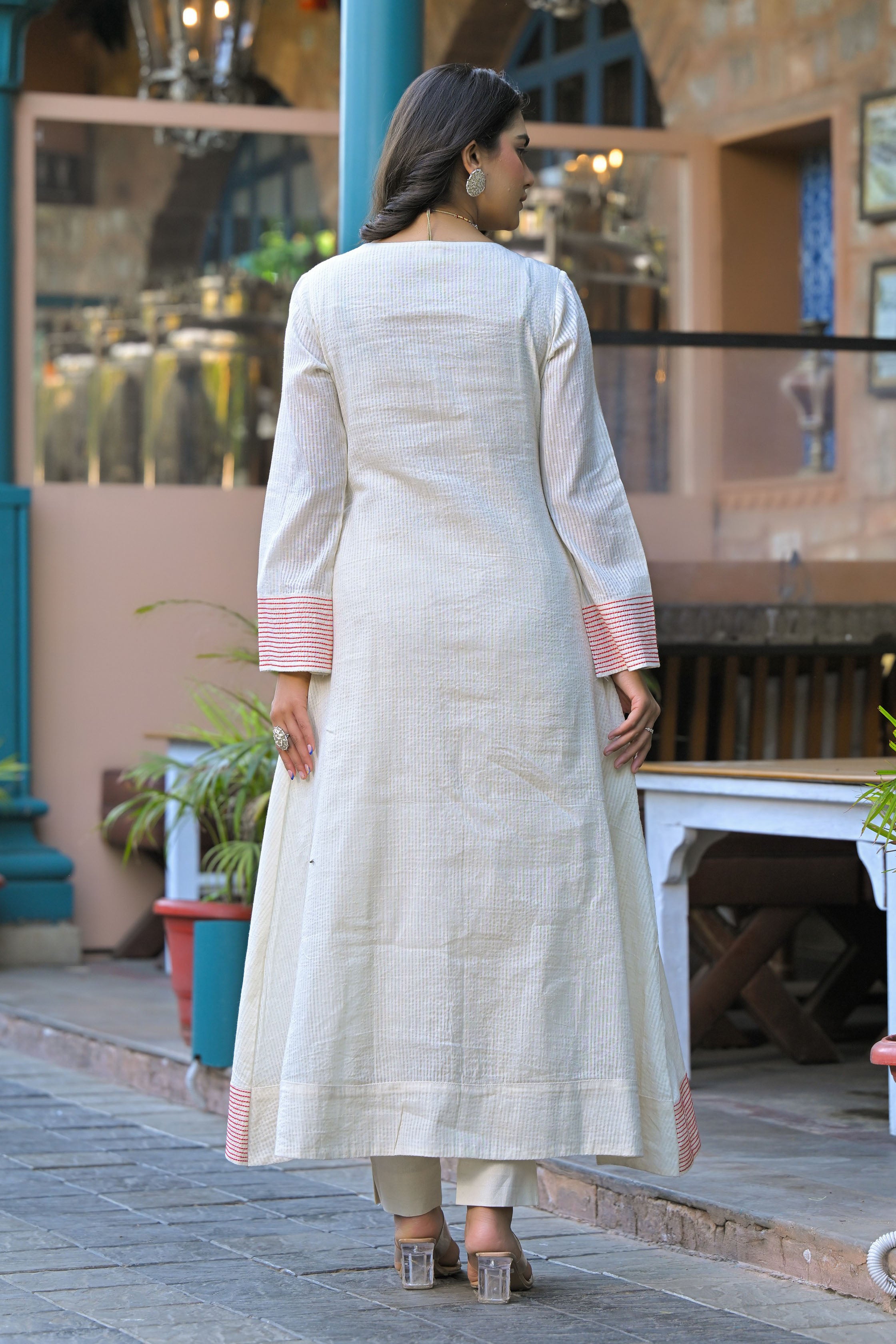 Red Hand Work and Thread Work Cotton Anarkali V-Neck Kurta and Trouser With Dupatta