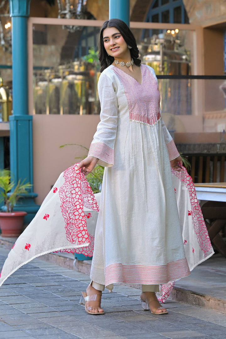 Aavanya Red Hand Work and Thread Work Cotton Anarkali V-Neck Kurta and Trouser With Dupatta