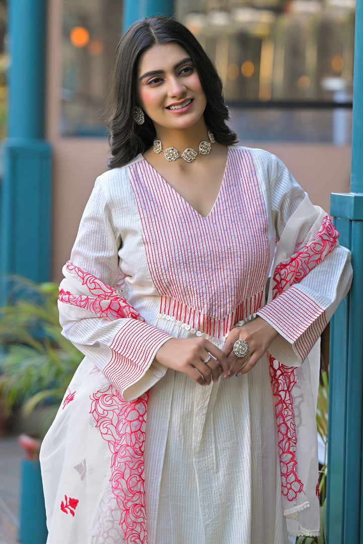 Red Hand Work and Thread Work Cotton Anarkali V-Neck Kurta and Trouser With Dupatta