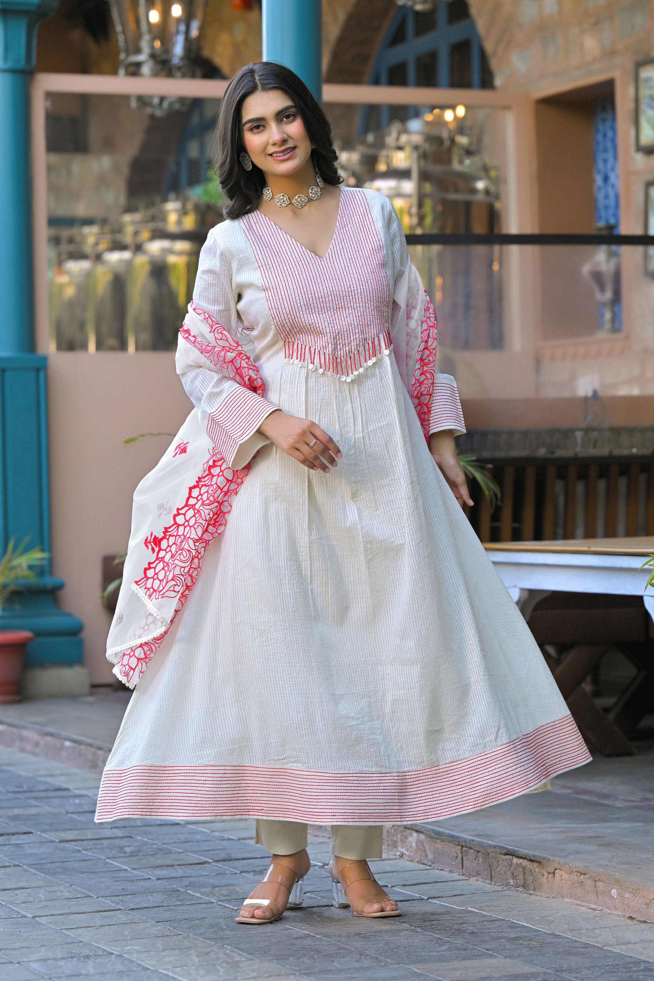 Red Hand Work and Thread Work Cotton Anarkali V-Neck Kurta and Trouser With Dupatta