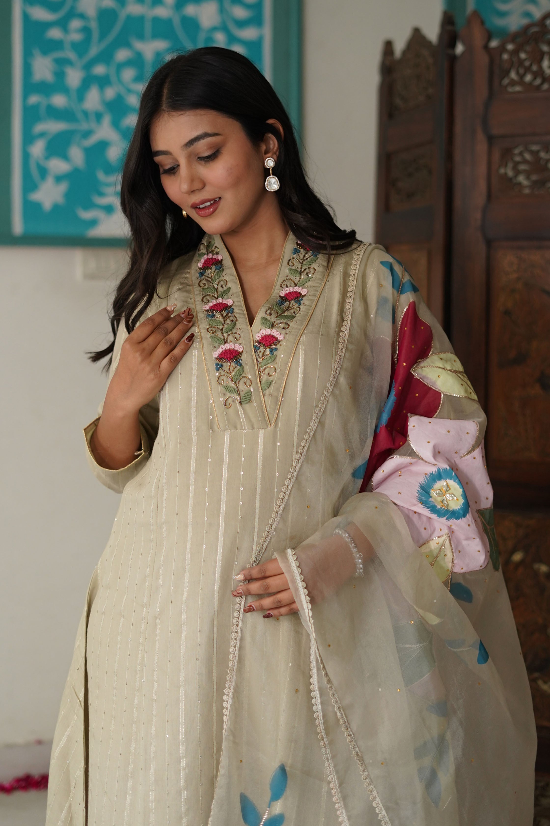 Beige Colour Cotton Prinetd with Zari Thread Work V-Neck Kurta & Trouser With Dupatta