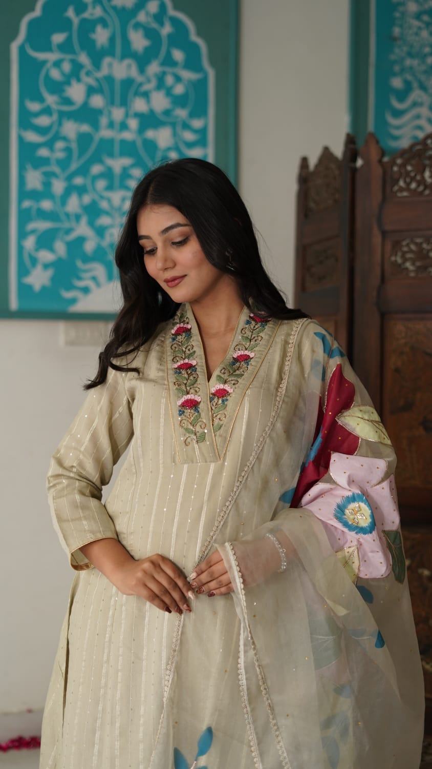 Beige Colour Cotton Prinetd with Zari Thread Work V-Neck Kurta & Trouser With Dupatta
