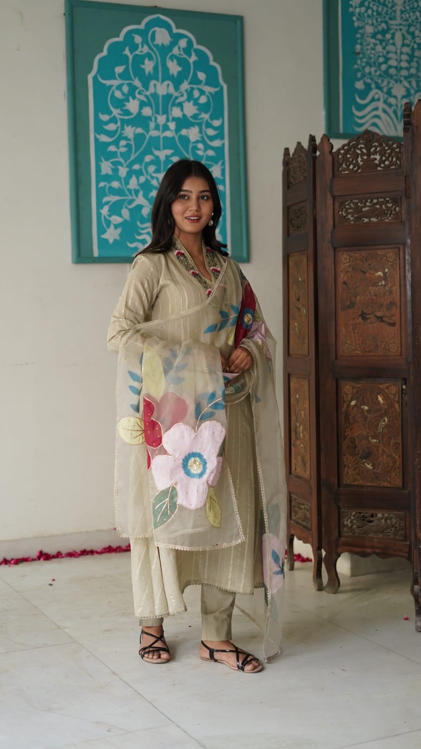 Beige Colour Cotton Prinetd with Zari Thread Work V-Neck Kurta & Trouser With Dupatta