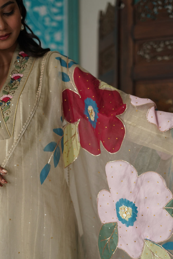 Beige Colour Cotton Prinetd with Zari Thread Work V-Neck Kurta & Trouser With Dupatta