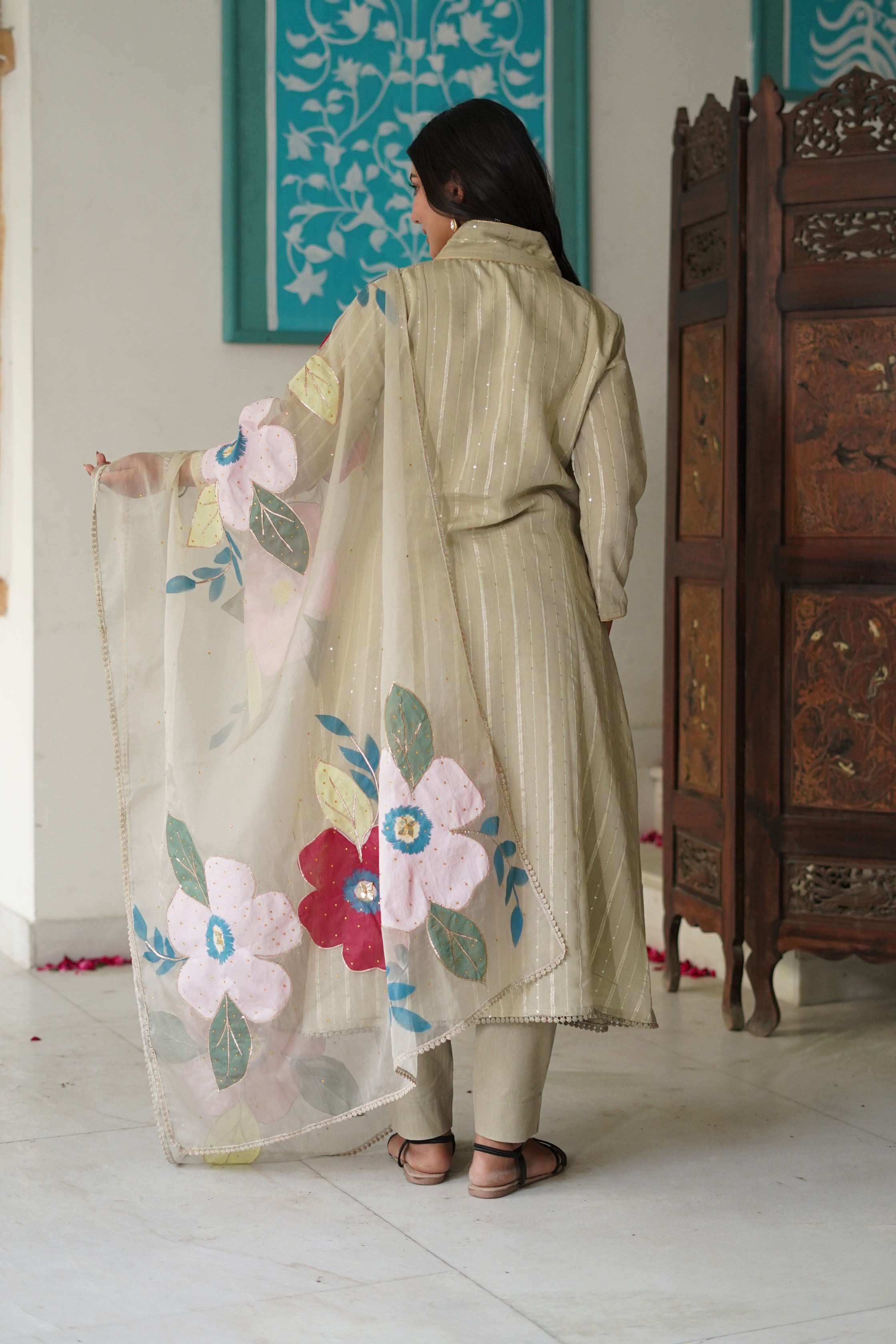 Beige Colour Cotton Prinetd with Zari Thread Work V-Neck Kurta & Trouser With Dupatta