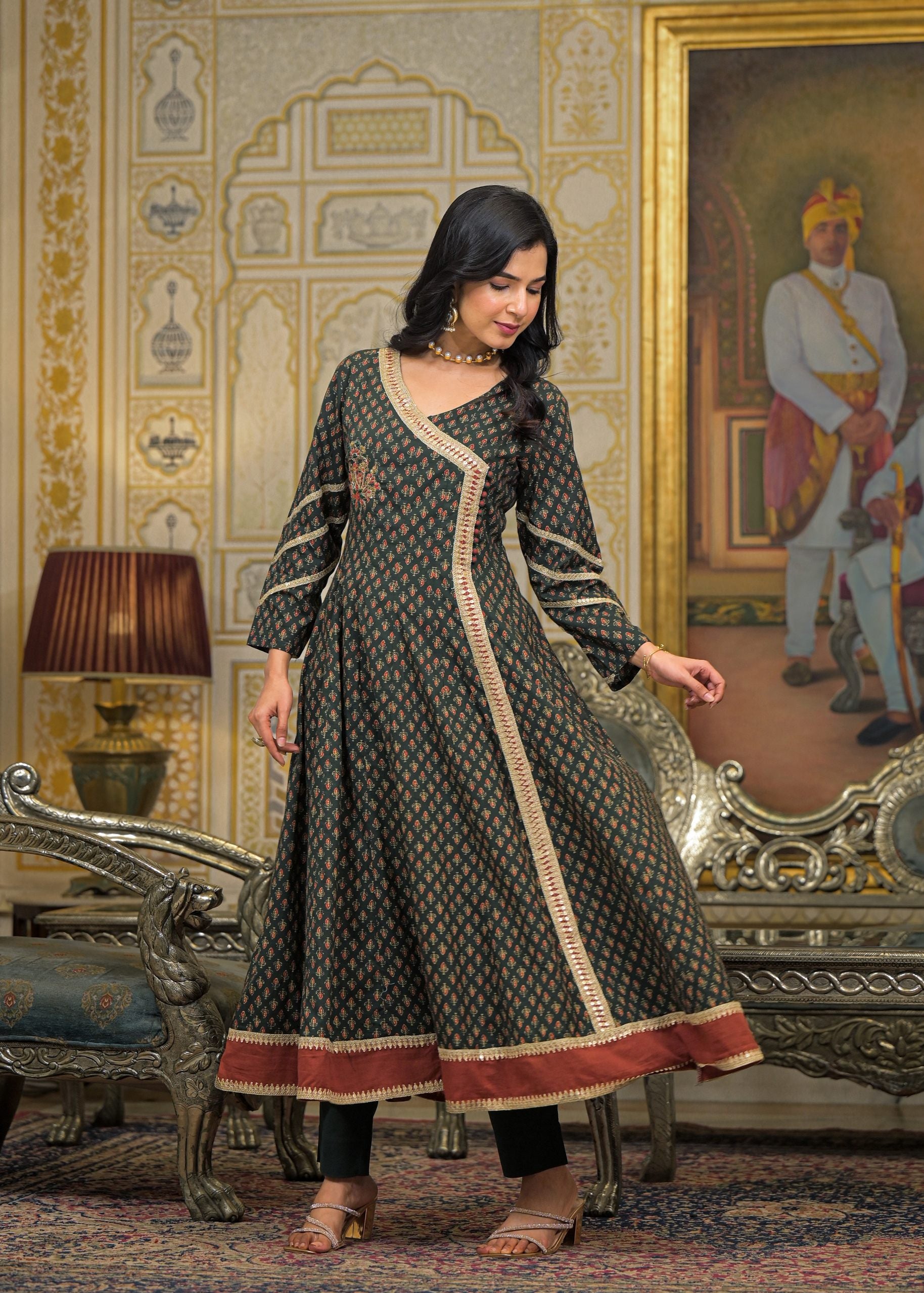 Green Cotton Angrakha Anarkali V-Neck Zari Kurta and Trouser with Duaptta