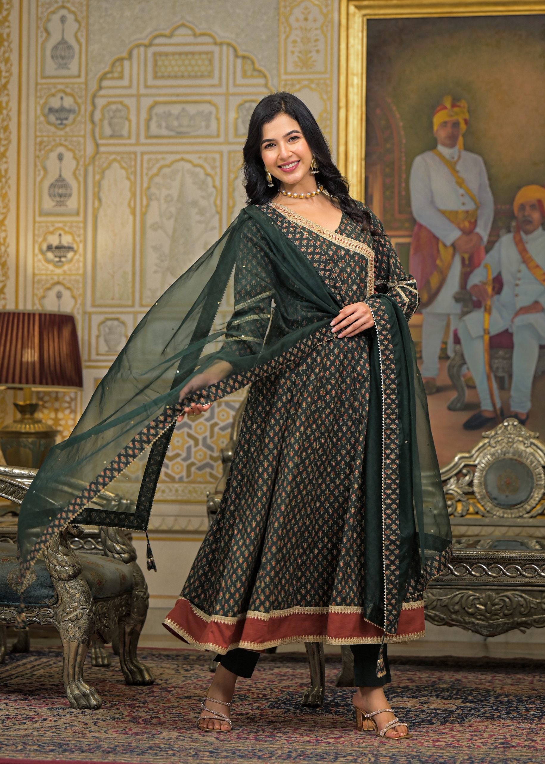 Green Cotton Angrakha Anarkali V-Neck Zari Kurta and Trouser with Duaptta