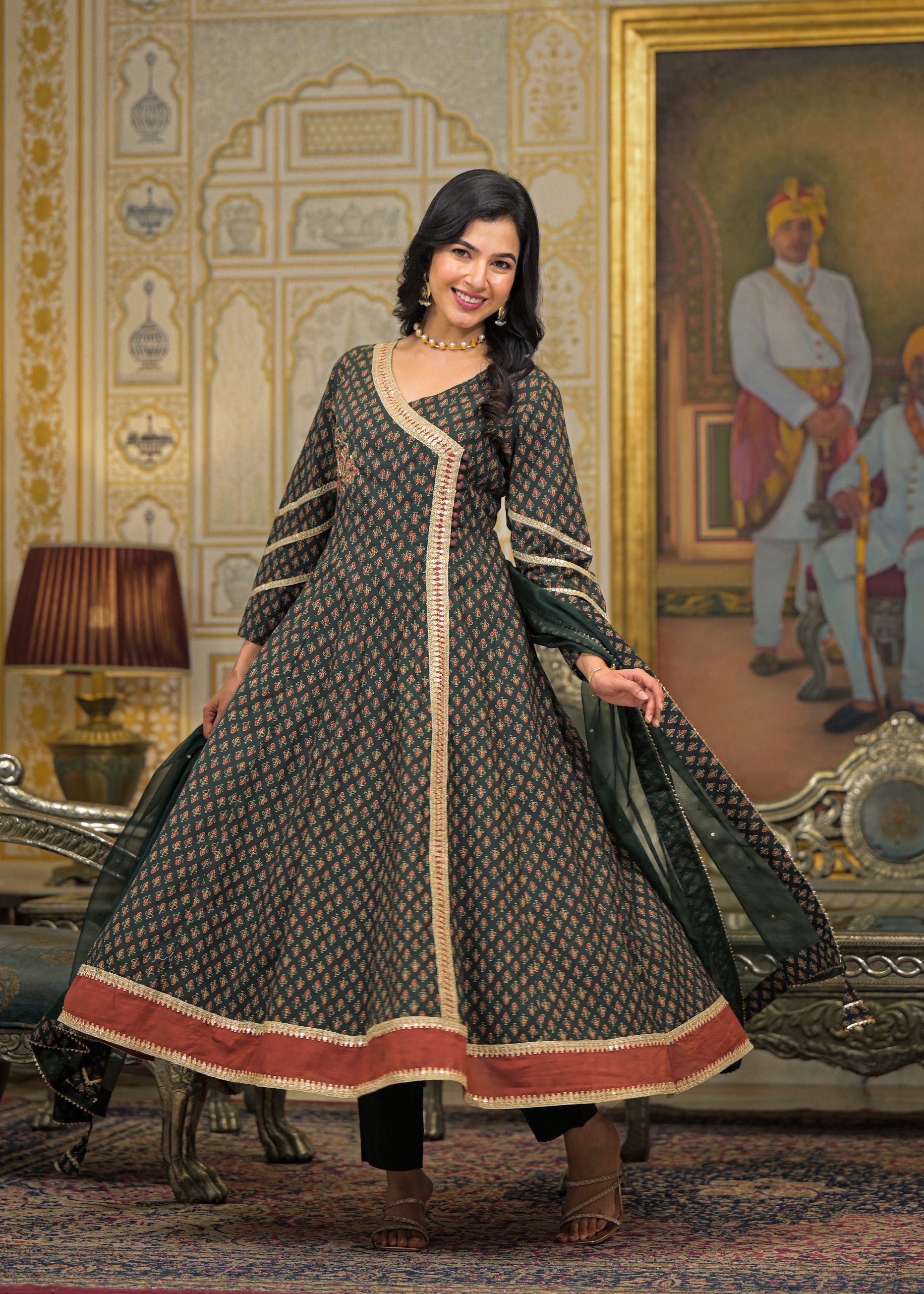Green Cotton Angrakha Anarkali V-Neck Zari Kurta and Trouser with Duaptta