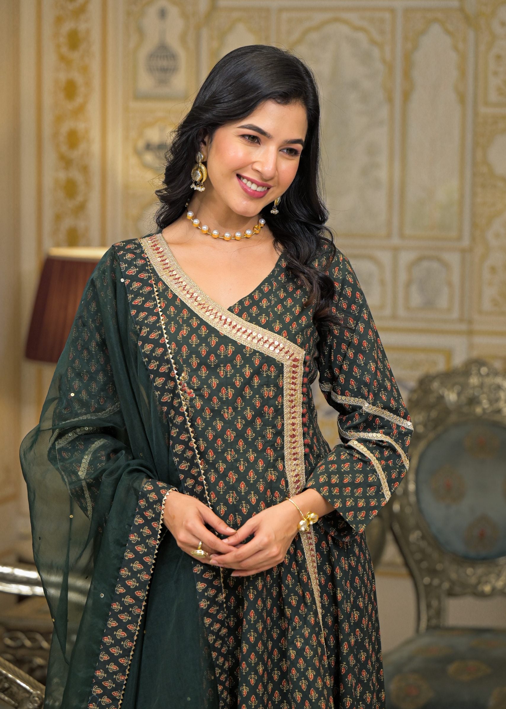 Green Cotton Angrakha Anarkali V-Neck Zari Kurta and Trouser with Duaptta