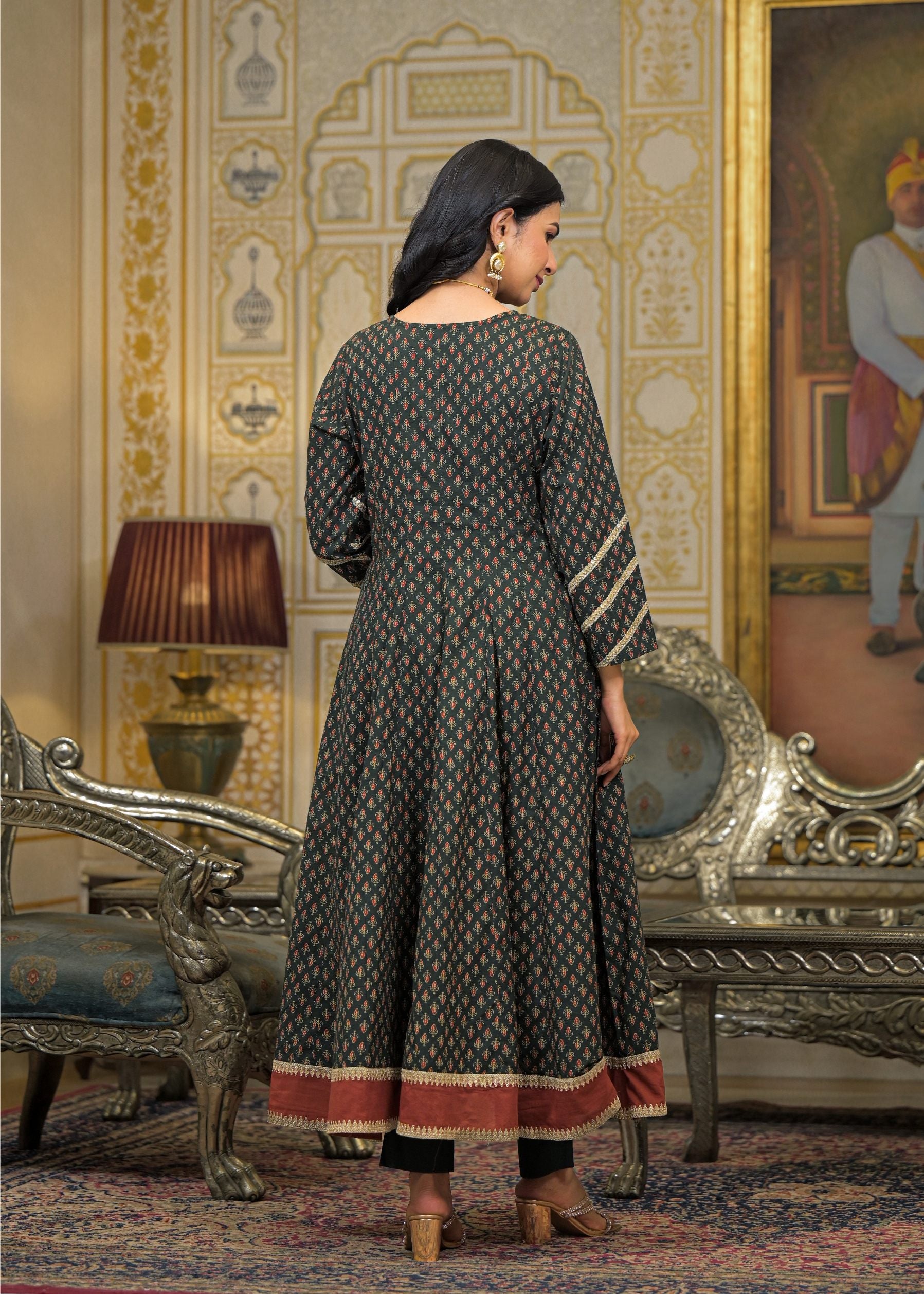 Green Cotton Angrakha Anarkali V-Neck Zari Kurta and Trouser with Duaptta