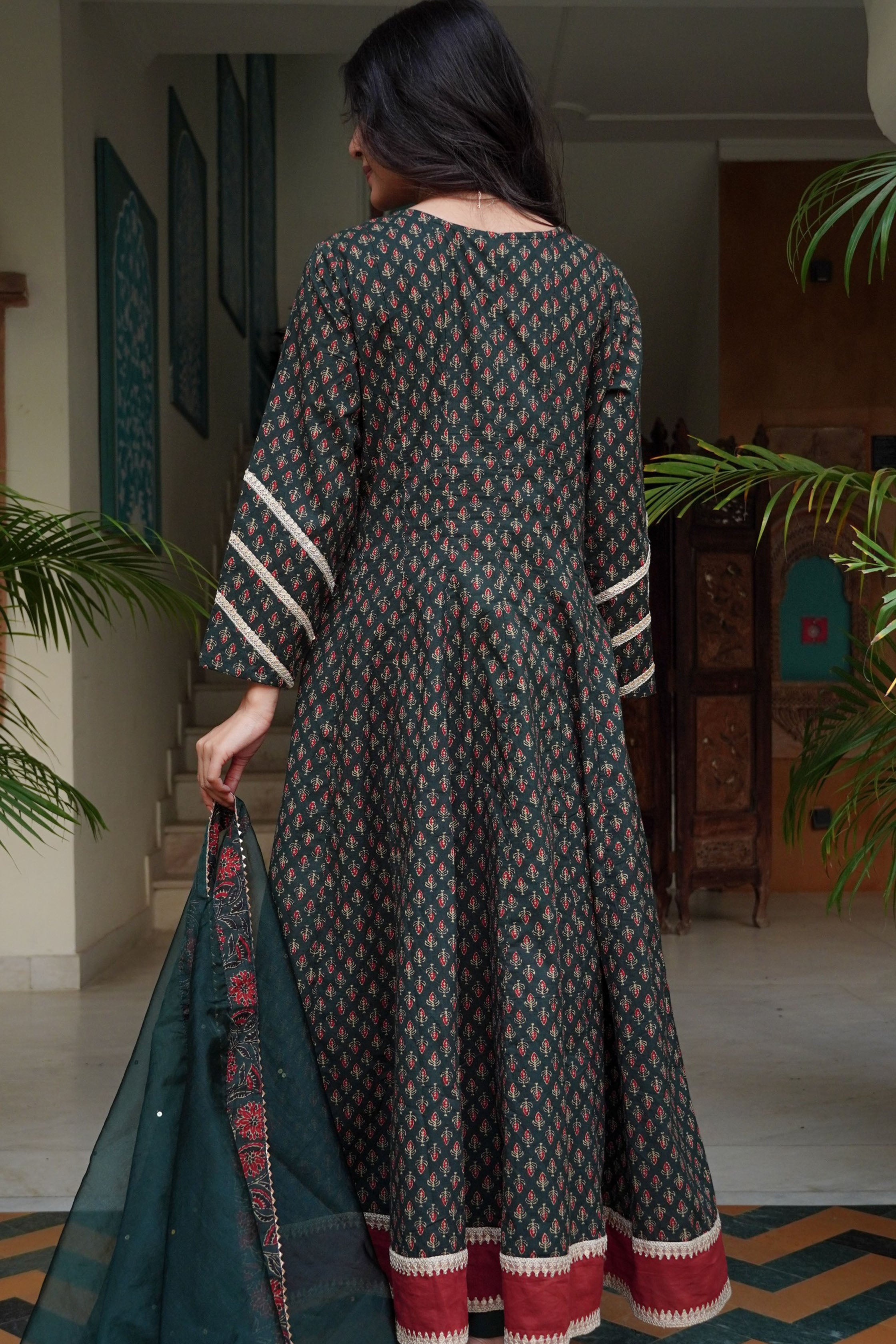 Green Cotton Angrakha Anarkali V-Neck Zari Kurta and Trouser with Duaptta