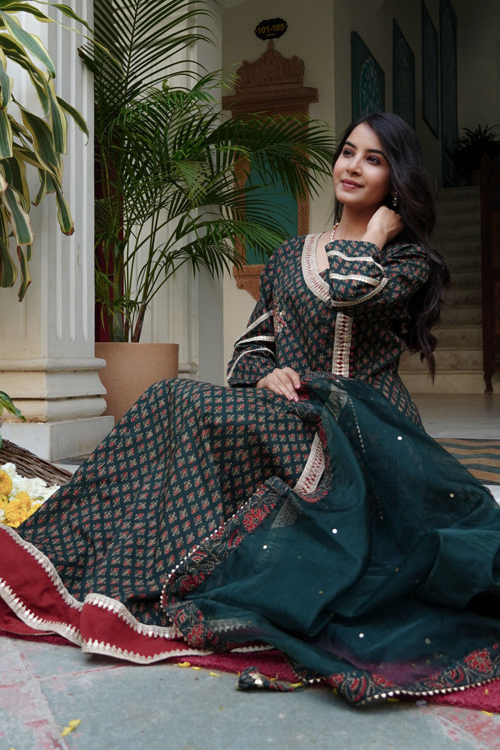 Green Cotton Angrakha Anarkali V-Neck Zari Kurta and Trouser with Duaptta