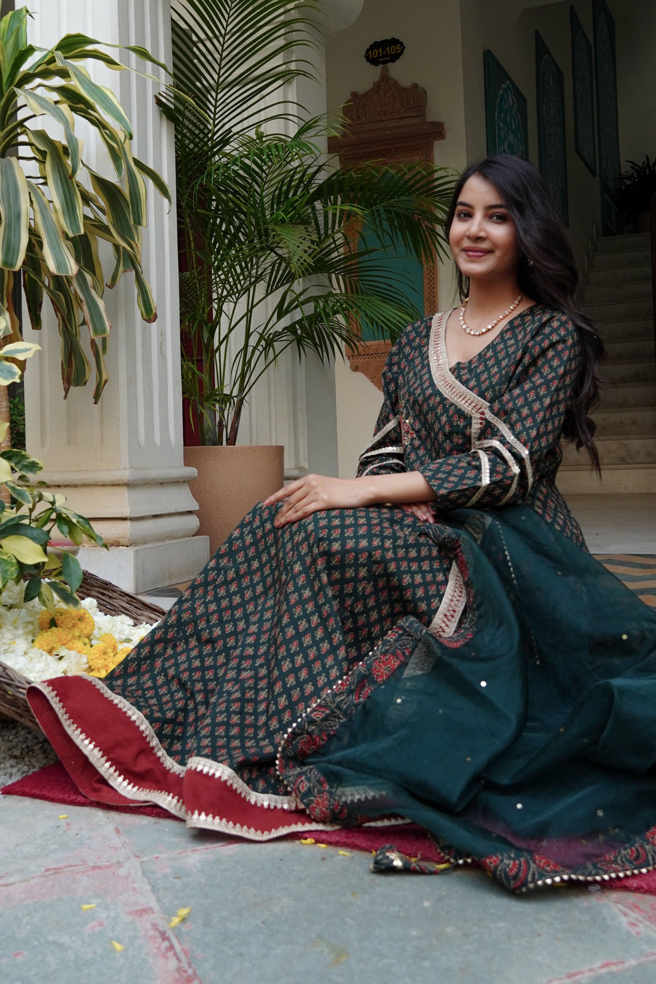 Green Cotton Angrakha Anarkali V-Neck Zari Kurta and Trouser with Duaptta