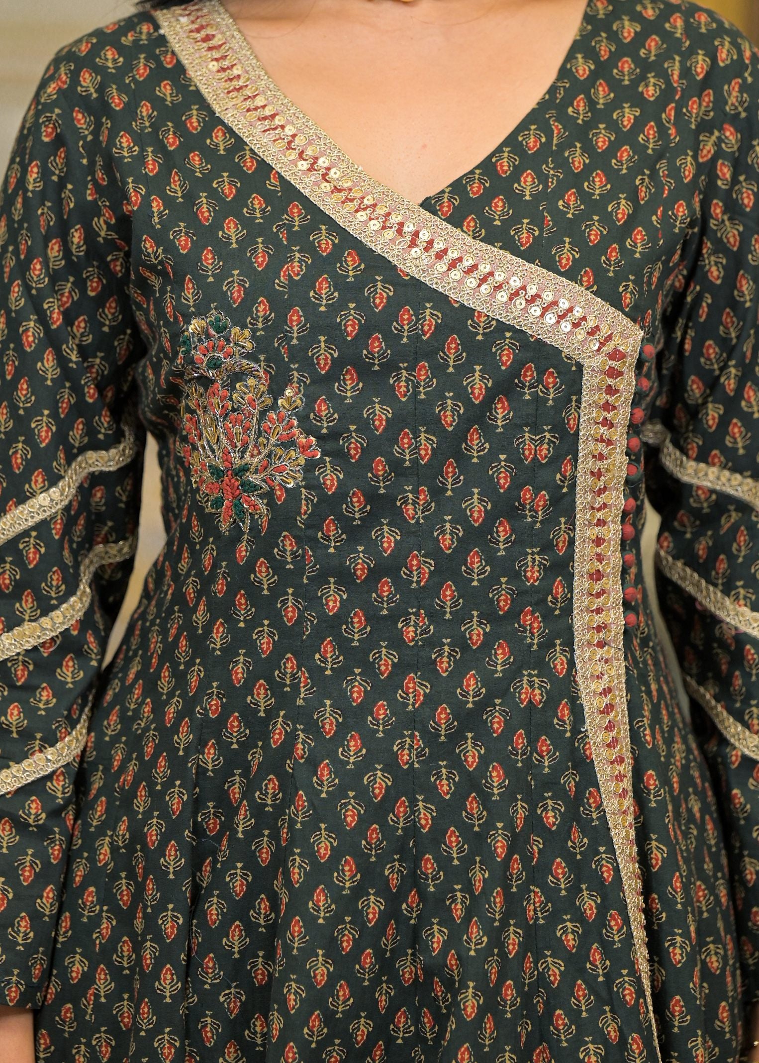 Green Cotton Angrakha Anarkali V-Neck Zari Kurta and Trouser with Duaptta