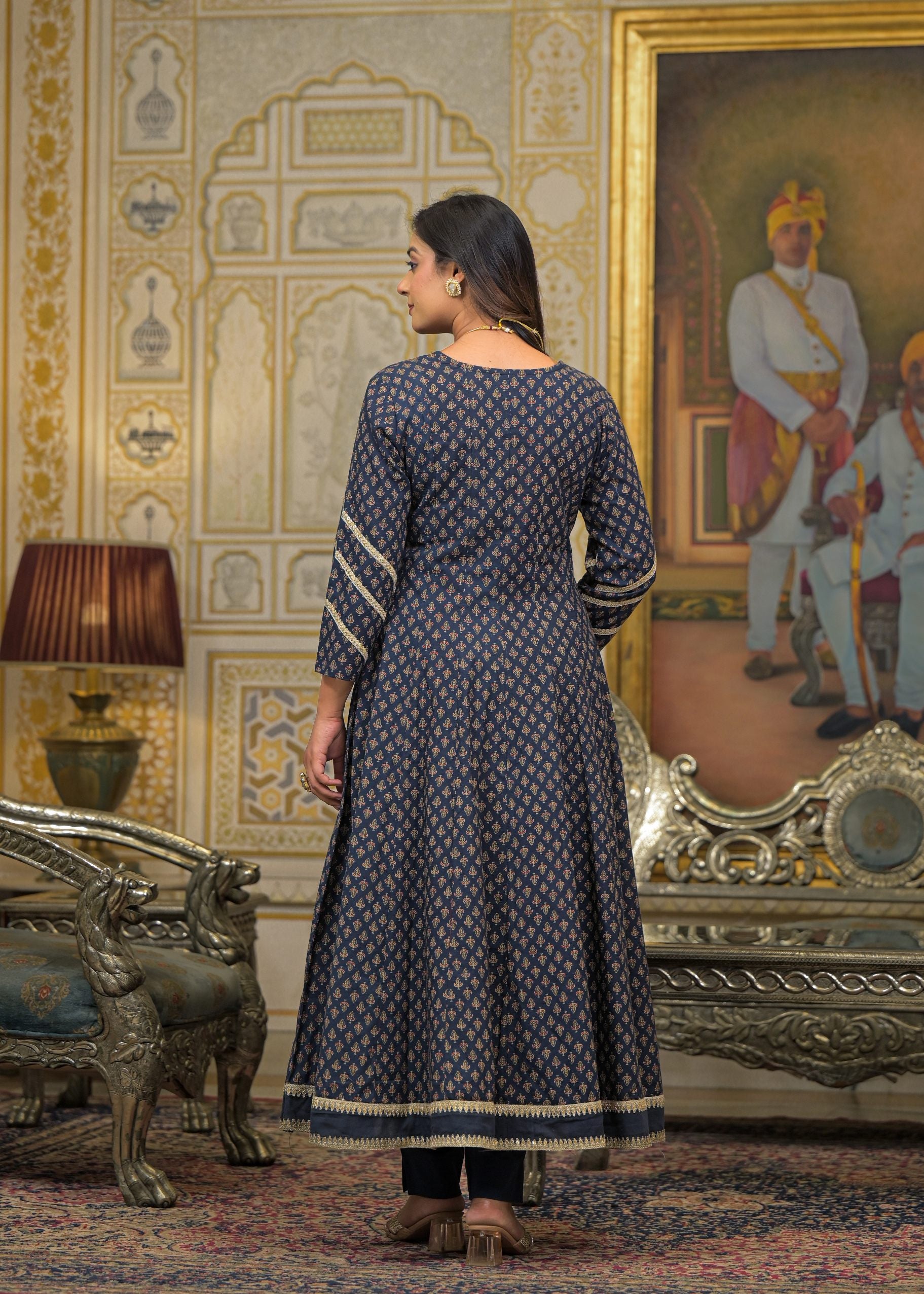 Black Cotton Printed Bead & Stone Work Square Neck Anarkali Kurta & Palazzo With Dupatta