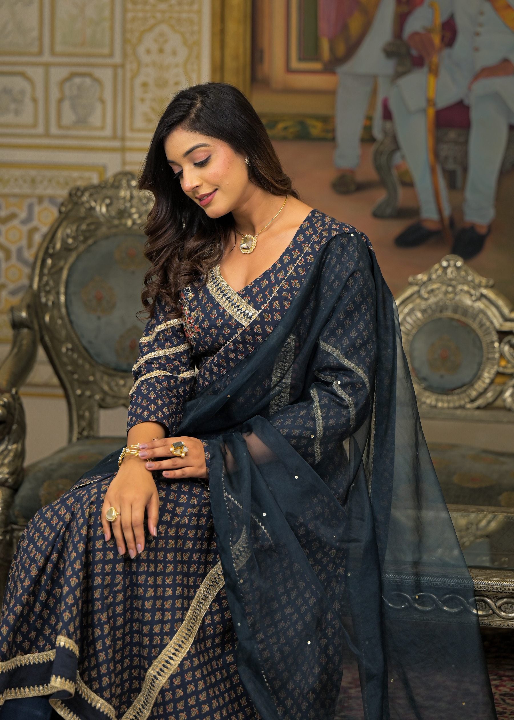 Black Cotton Printed Bead & Stone Work Square Neck Anarkali Kurta & Palazzo With Dupatta