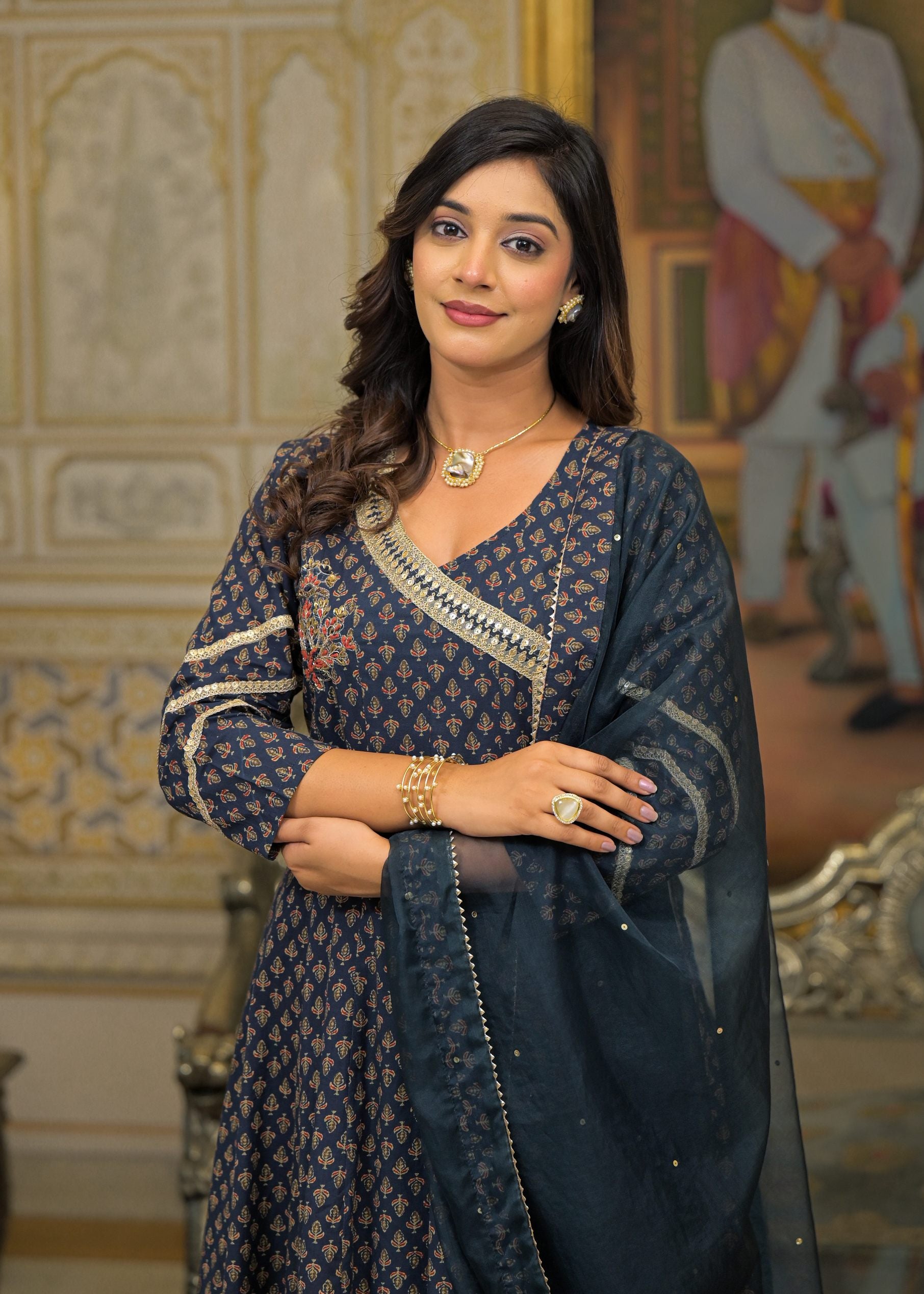 Black Cotton Printed Bead & Stone Work Square Neck Anarkali Kurta & Palazzo With Dupatta