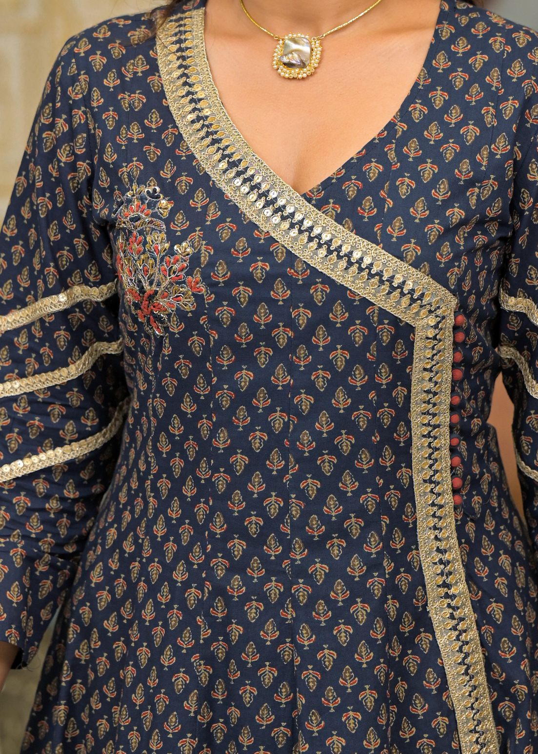 Black Cotton Printed Bead & Stone Work Square Neck Anarkali Kurta & Palazzo With Dupatta