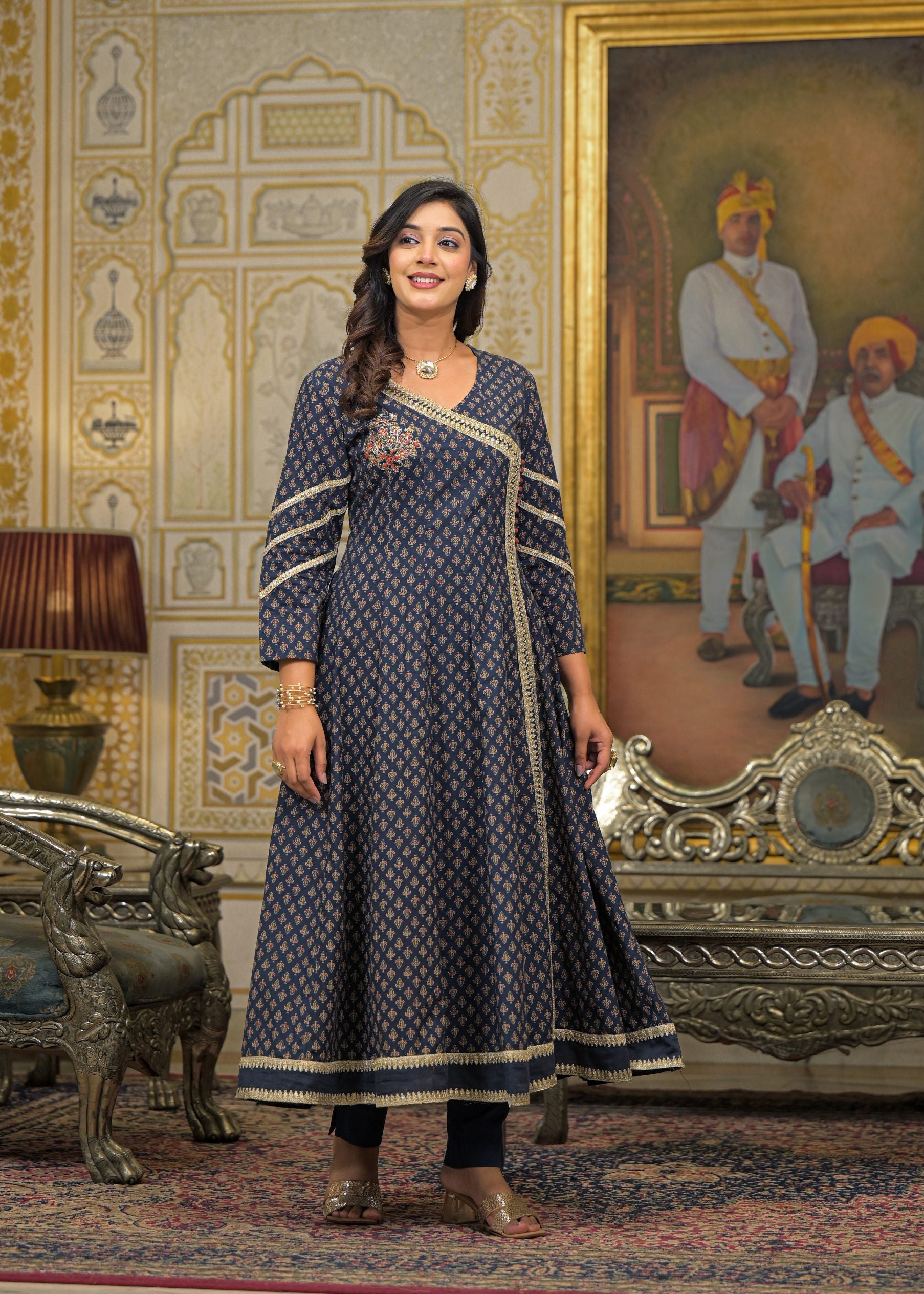 Black Cotton Printed Bead & Stone Work Square Neck Anarkali Kurta & Palazzo With Dupatta