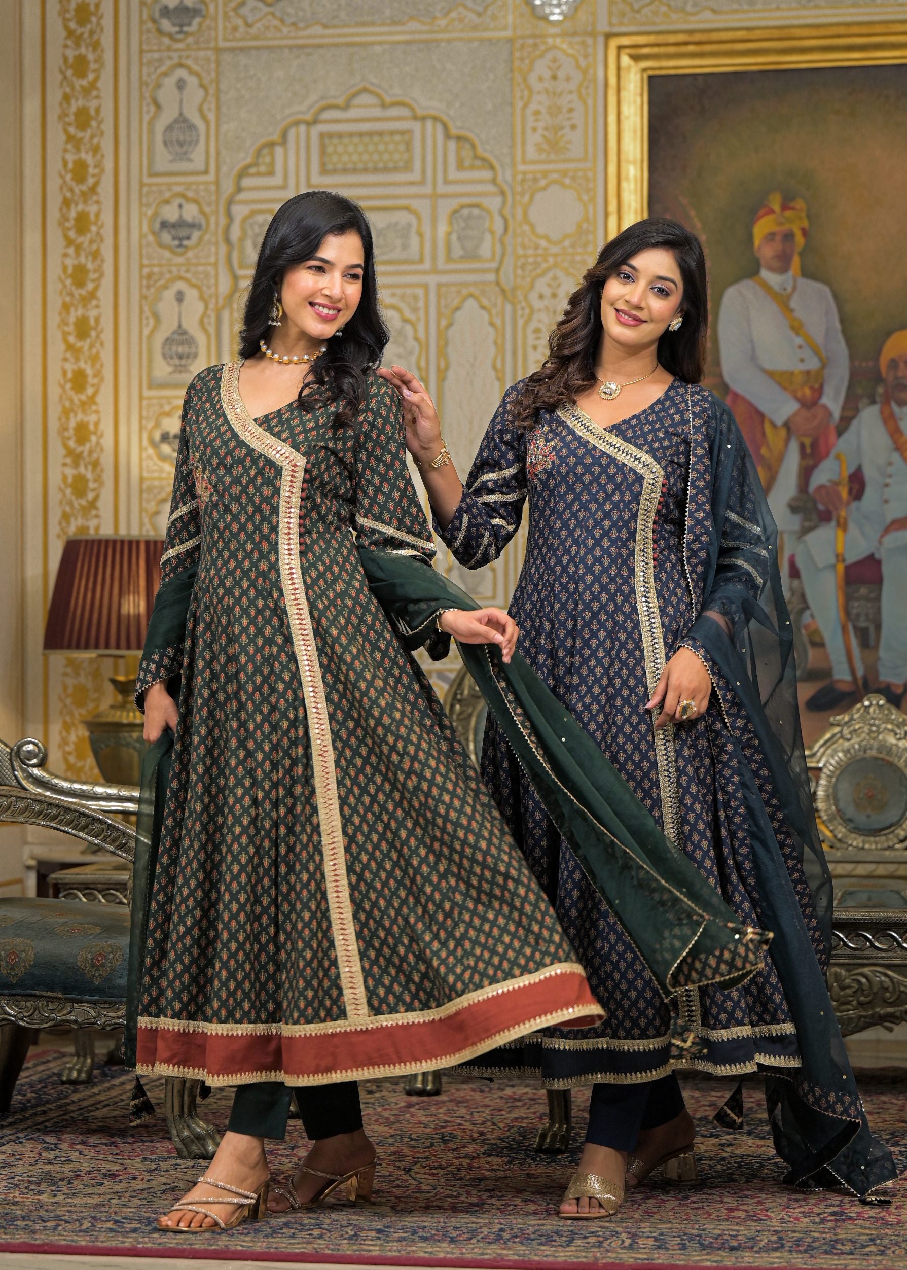 Black Cotton Printed Bead & Stone Work Square Neck Anarkali Kurta & Palazzo With Dupatta