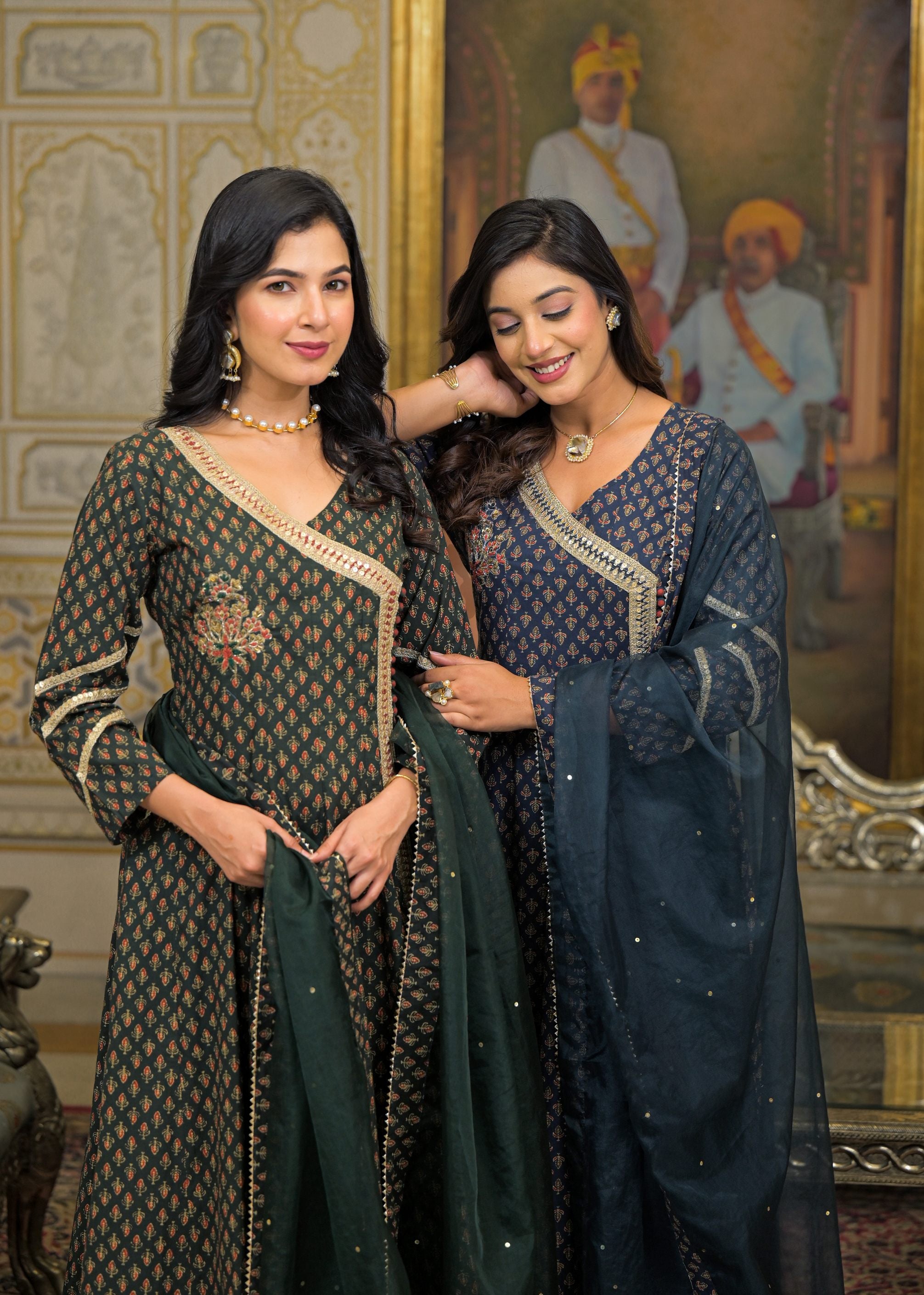 Black Cotton Printed Bead & Stone Work Square Neck Anarkali Kurta & Palazzo With Dupatta