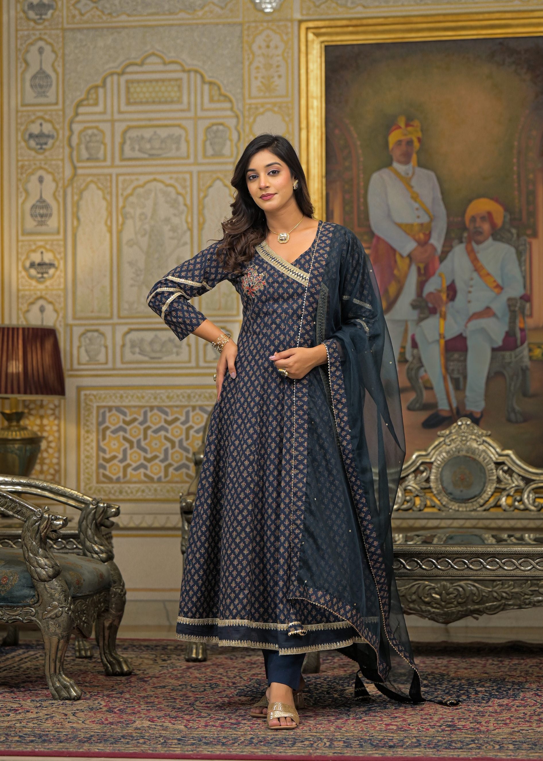 Black Cotton Printed Bead & Stone Work Square Neck Anarkali Kurta & Palazzo With Dupatta