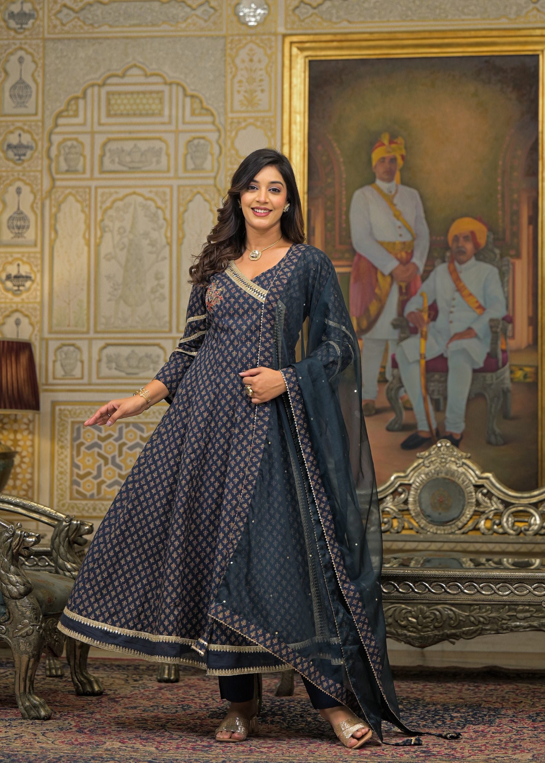 Black Cotton Printed Bead & Stone Work Square Neck Anarkali Kurta & Palazzo With Dupatta