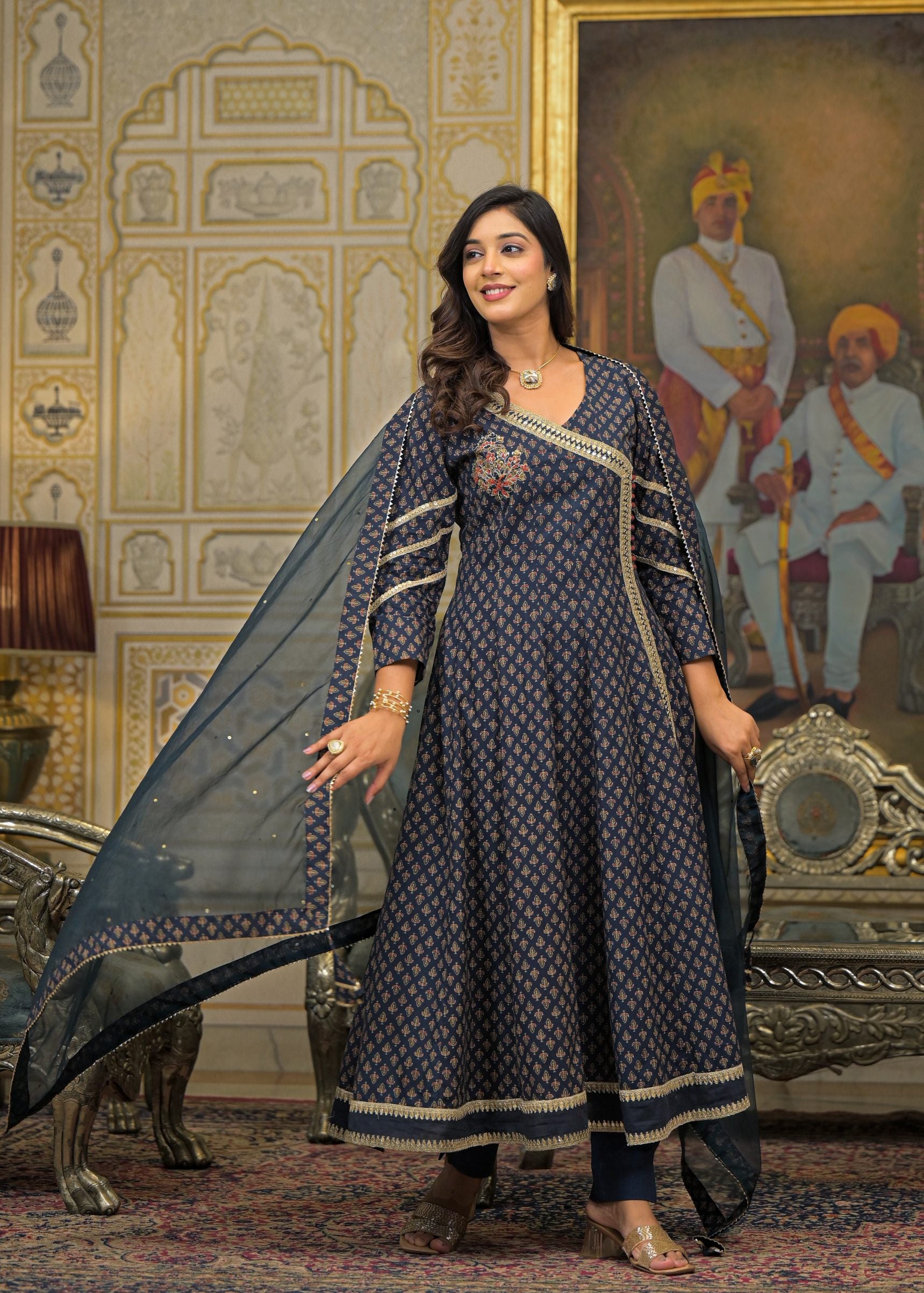 Black Cotton Printed Bead & Stone Work Square Neck Anarkali Kurta & Palazzo With Dupatta