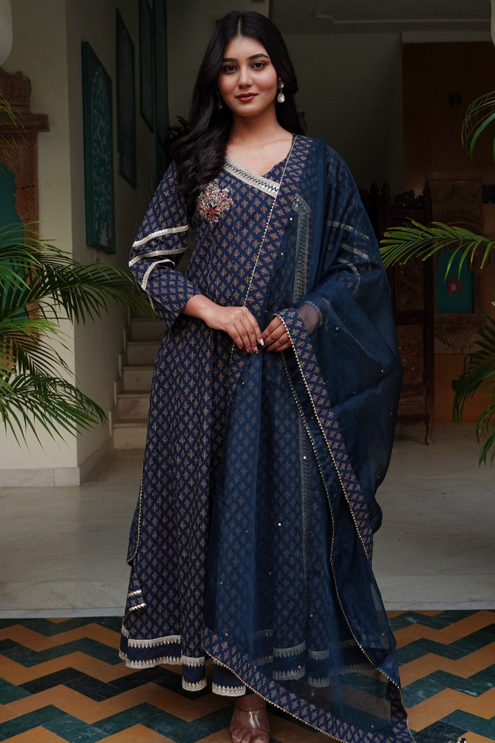 Aavanya Navy Blue Cotton Angrakha Anarkali V-Neck Zari Kurta and Trouser with Duaptta