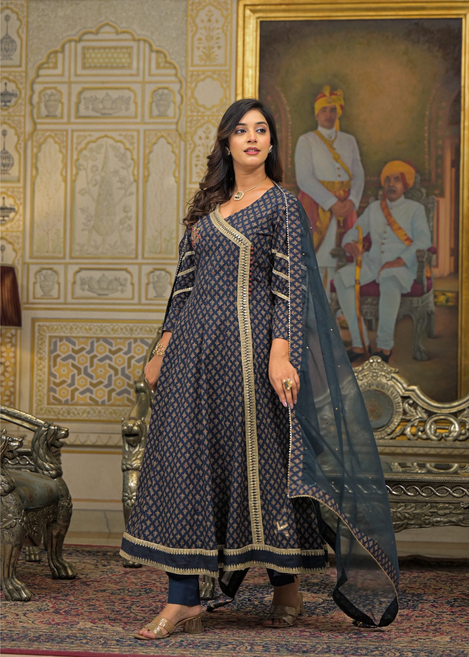 Black Cotton Printed Bead & Stone Work Square Neck Anarkali Kurta & Palazzo With Dupatta