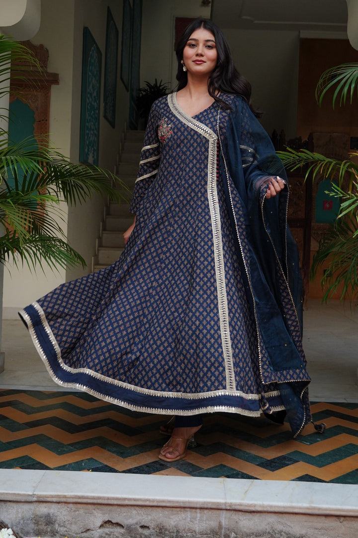 Navy Blue Cotton Angrakha Anarkali V-Neck Zari Kurta and Trouser with Duaptta