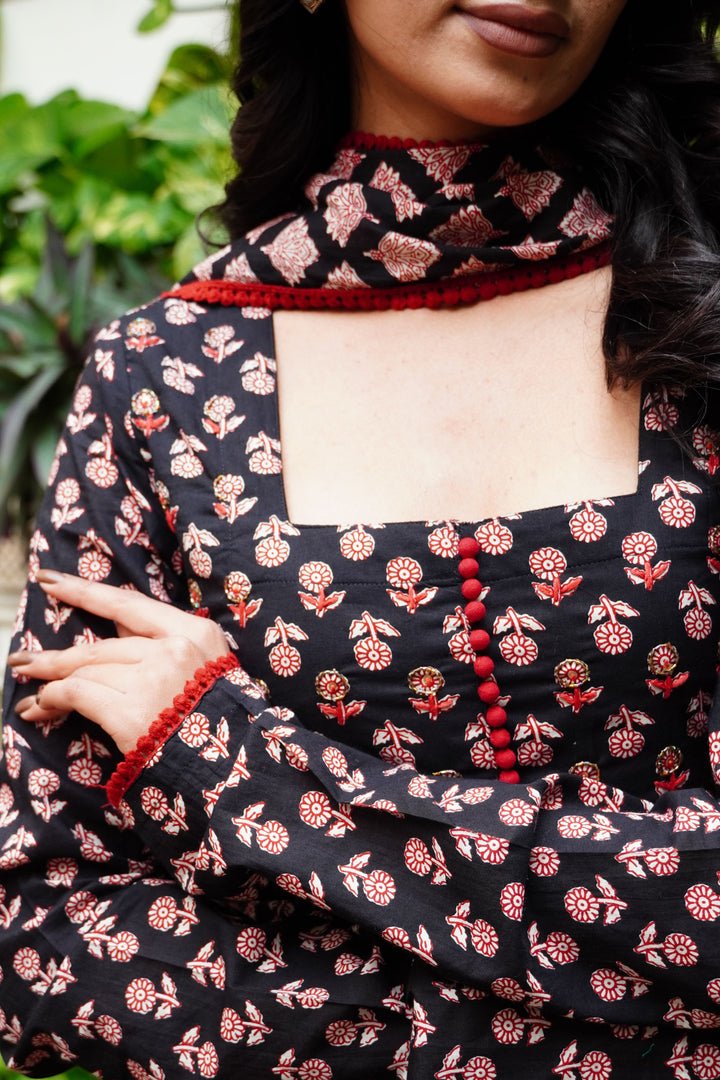 Black Cotton Printed Bead & Stone Work Square Neck Anarkali Kurta & Palazzo With Dupatta