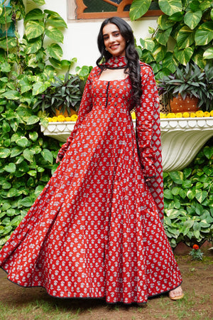 Aavanya Maroon Cotton Bead & Stone Work Square Neck Anarkali Kurta & Palazzo With Dupatta