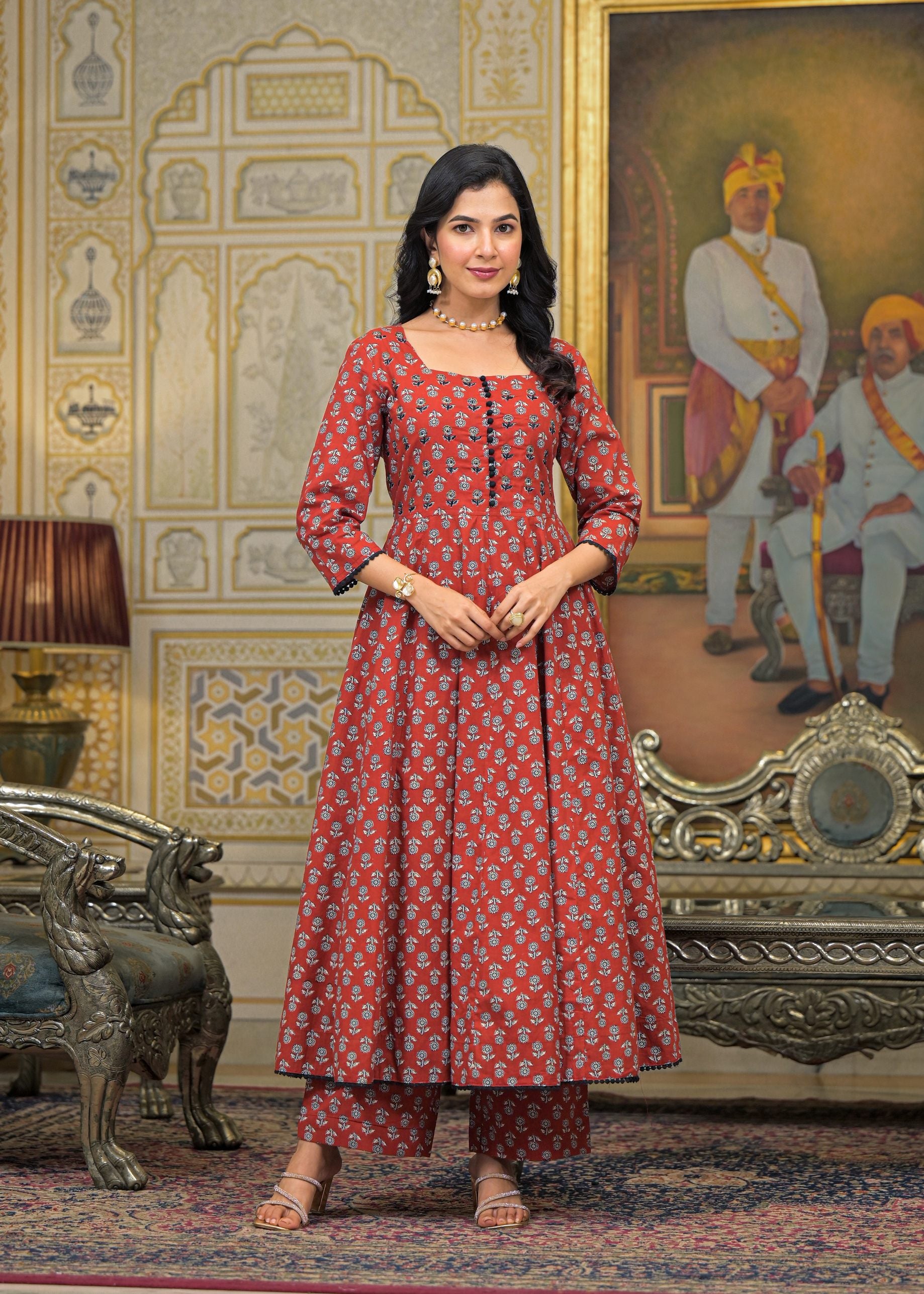 Maroon Cotton Printed Bead & Stone Work Square Neck Anarkali Kurta & Palazzo With Dupatta