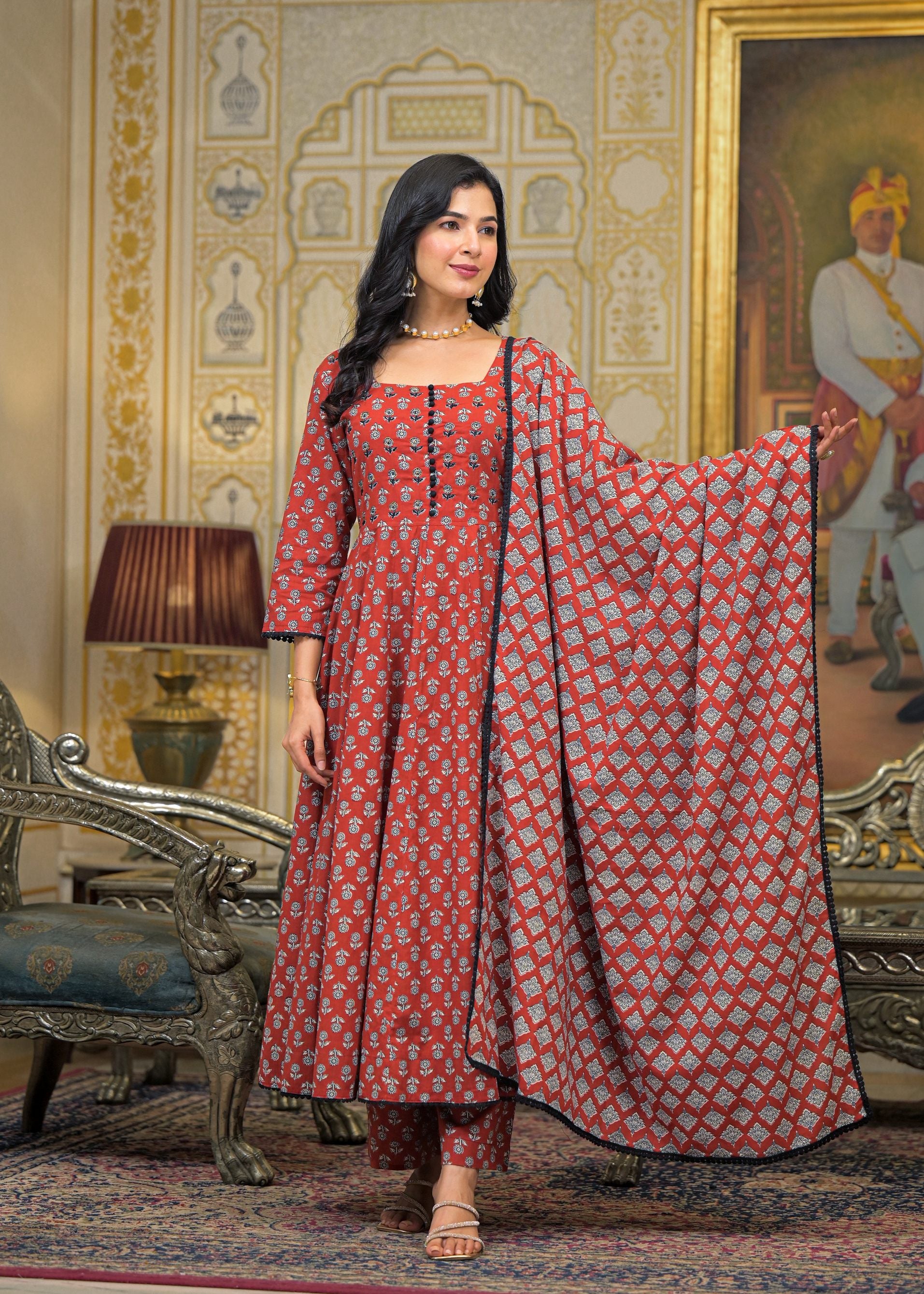 Maroon Cotton Printed Bead & Stone Work Square Neck Anarkali Kurta & Palazzo With Dupatta