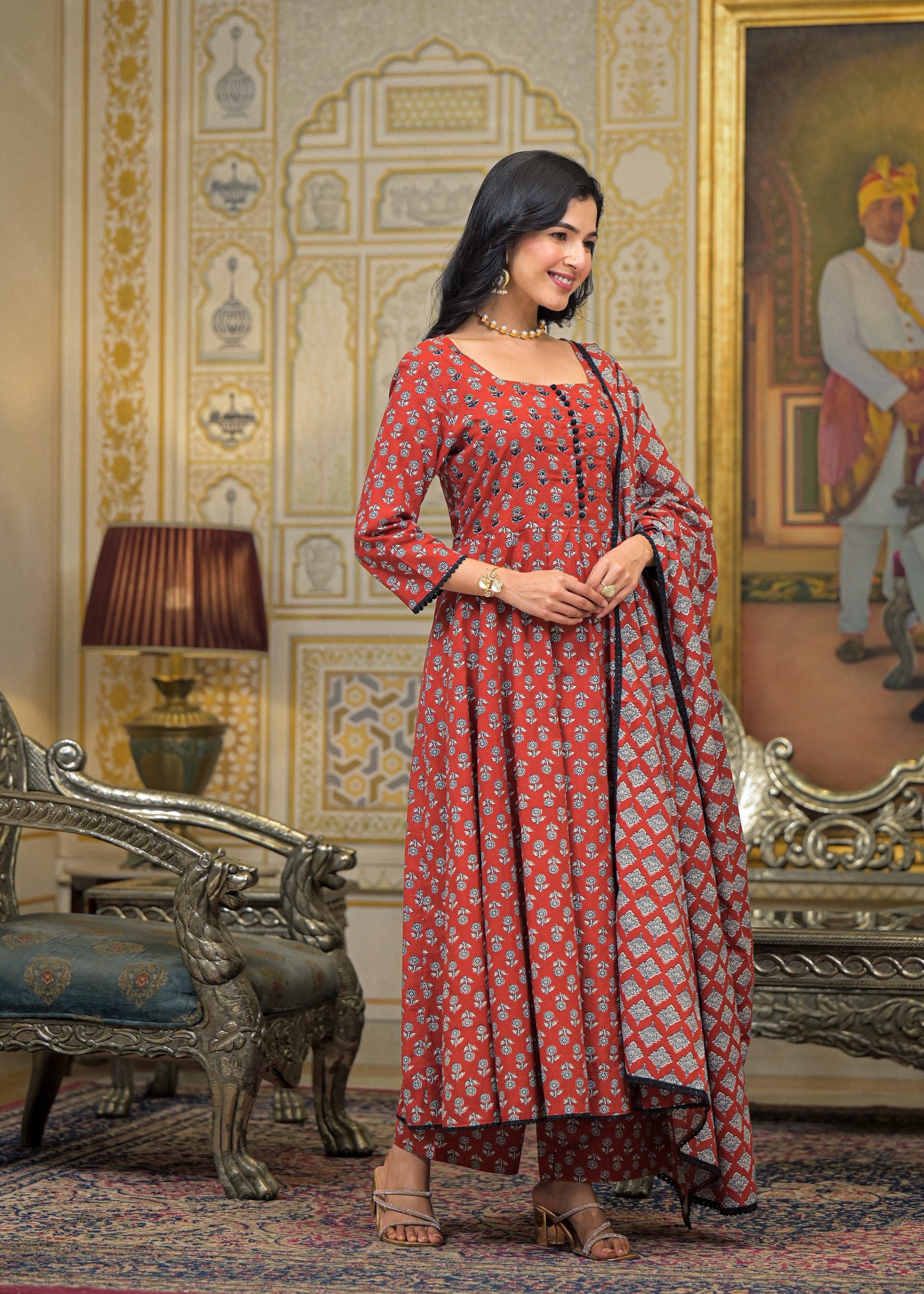 Maroon Cotton Printed Bead & Stone Work Square Neck Anarkali Kurta & Palazzo With Dupatta