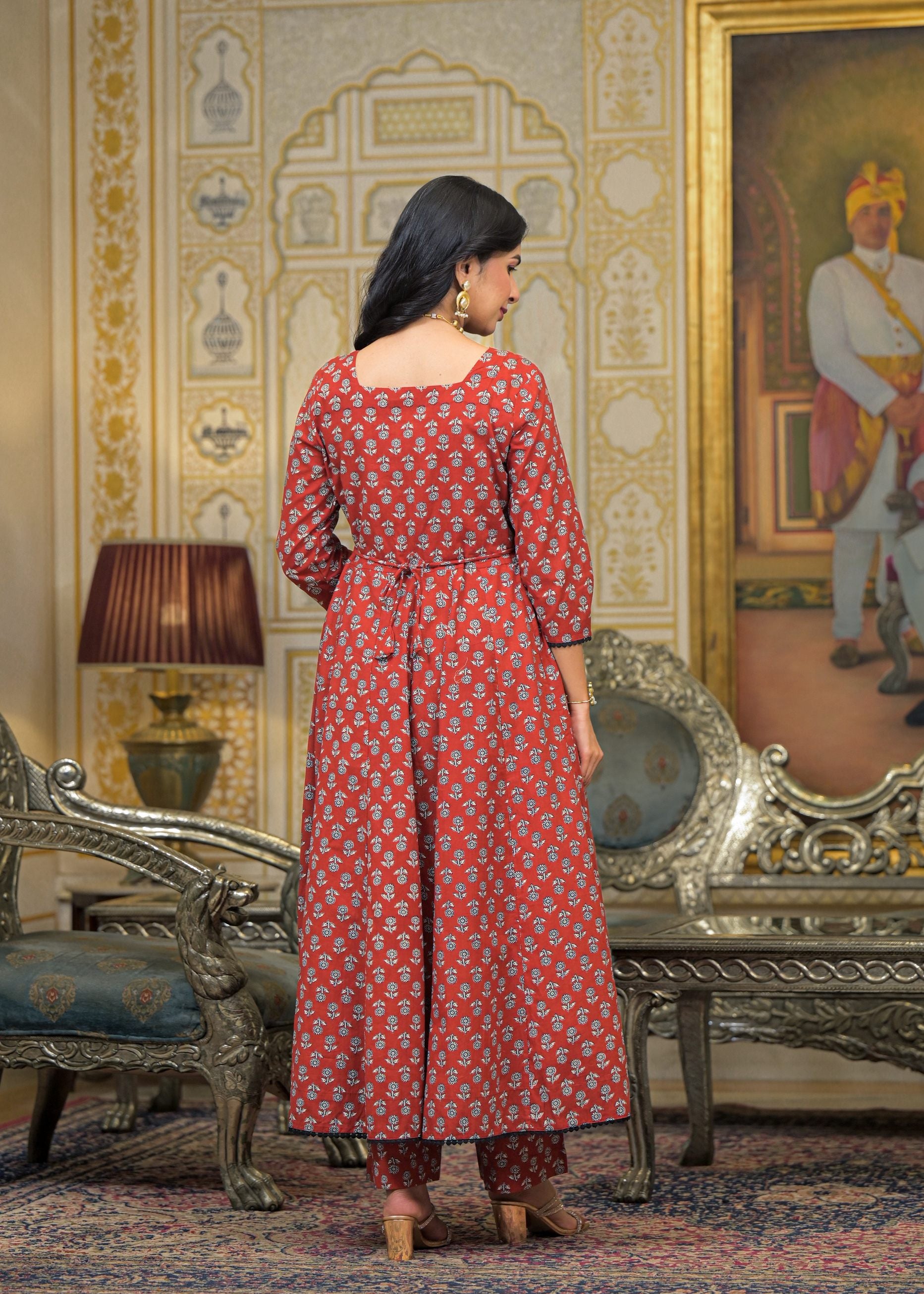 Maroon Cotton Printed Bead & Stone Work Square Neck Anarkali Kurta & Palazzo With Dupatta