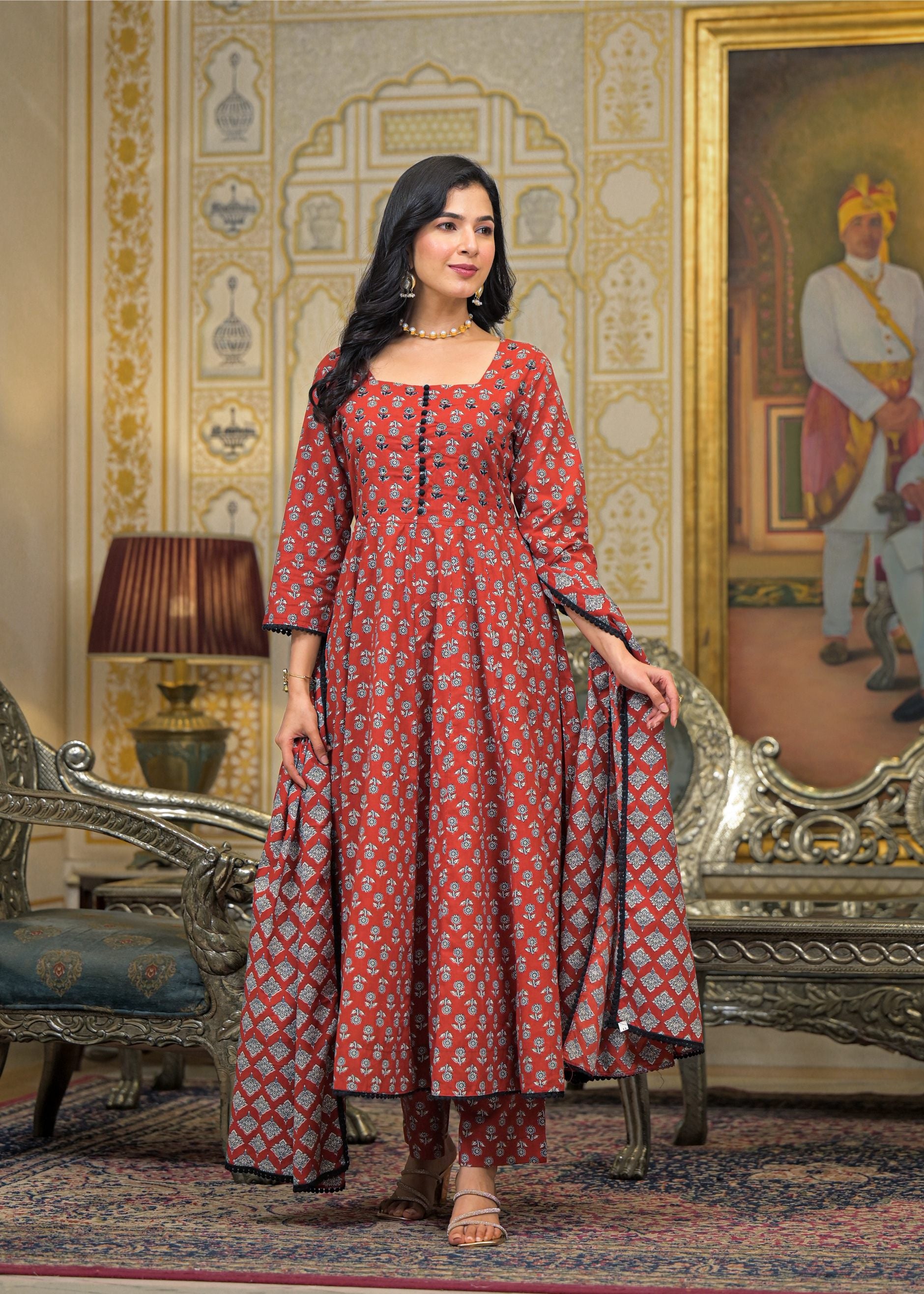 Maroon Cotton Printed Bead & Stone Work Square Neck Anarkali Kurta & Palazzo With Dupatta
