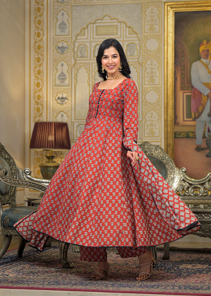 Maroon Cotton Printed Bead & Stone Work Square Neck Anarkali Kurta & Palazzo With Dupatta