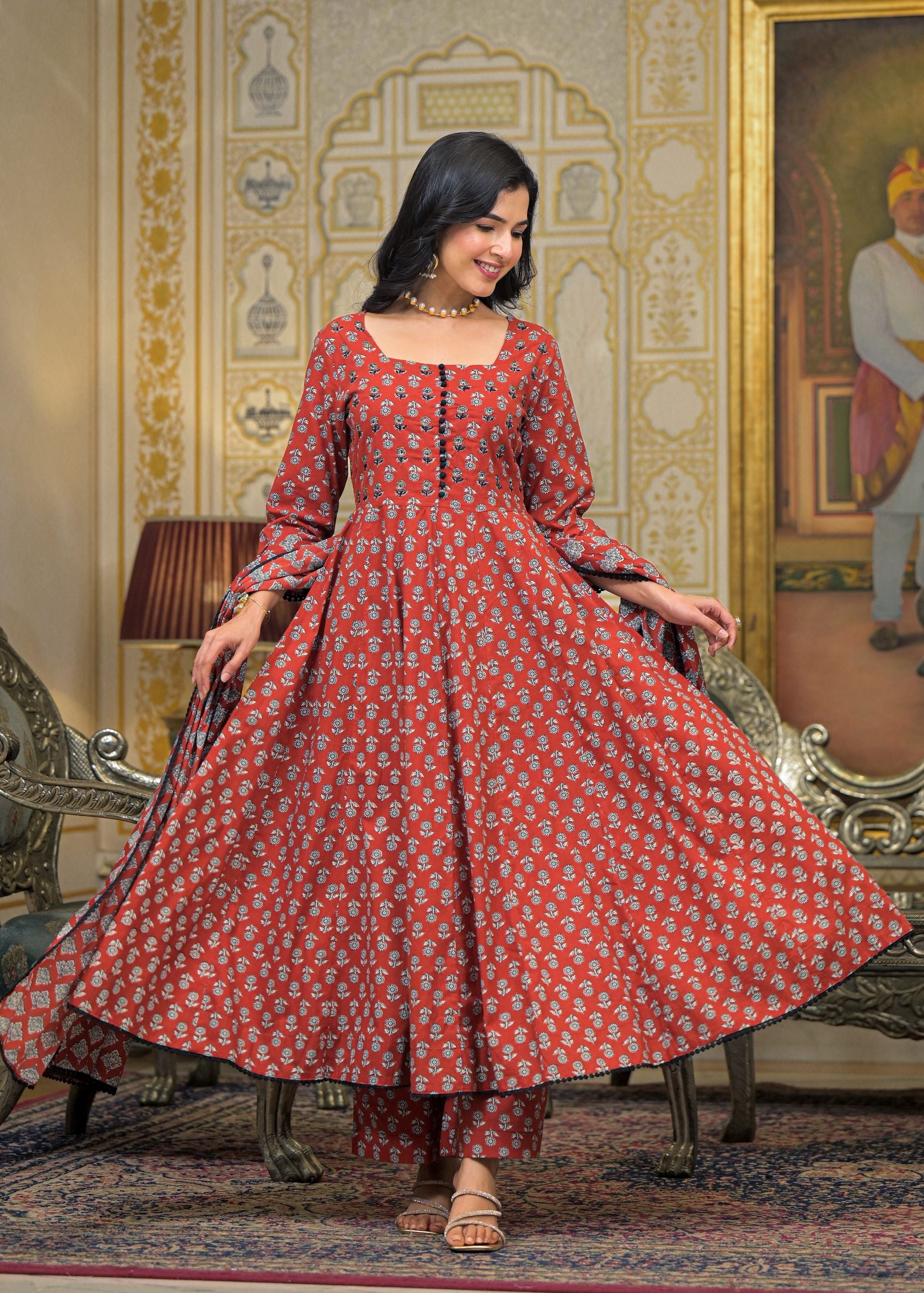 Maroon Cotton Printed Bead & Stone Work Square Neck Anarkali Kurta & Palazzo With Dupatta