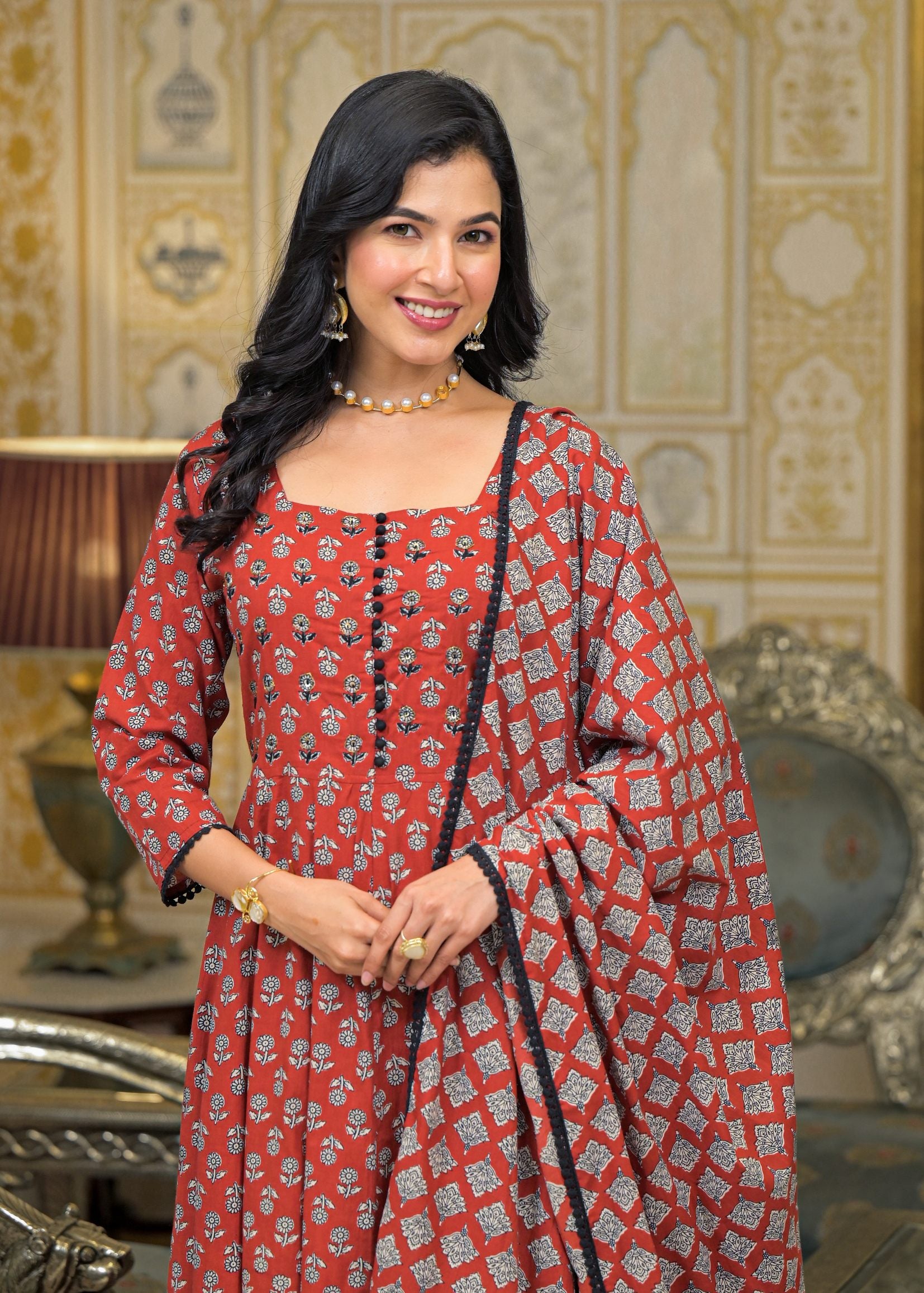 Maroon Cotton Printed Bead & Stone Work Square Neck Anarkali Kurta & Palazzo With Dupatta