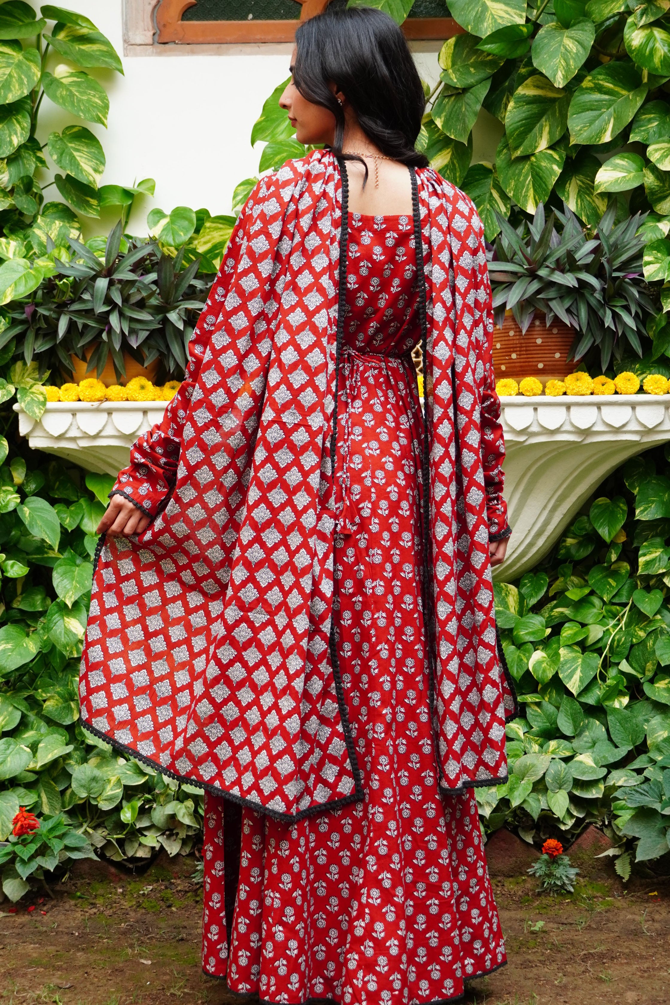 Maroon Cotton Printed Bead & Stone Work Square Neck Anarkali Kurta & Palazzo With Dupatta