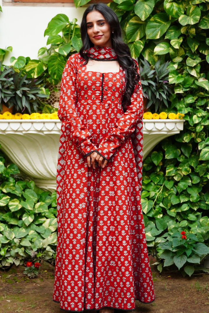 Maroon Cotton Printed Bead & Stone Work Square Neck Anarkali Kurta & Palazzo With Dupatta