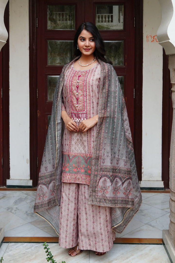 Aavanya Beige Floral Embroidered Round Neck Straight Kurta & Palazzo with Dupatta