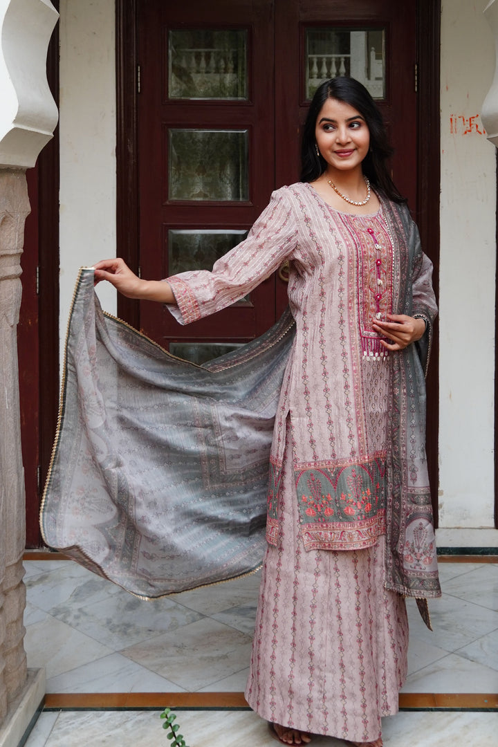 Beige Floral Printed Embroidered Straight Kurta & Palazzo with Dupatta