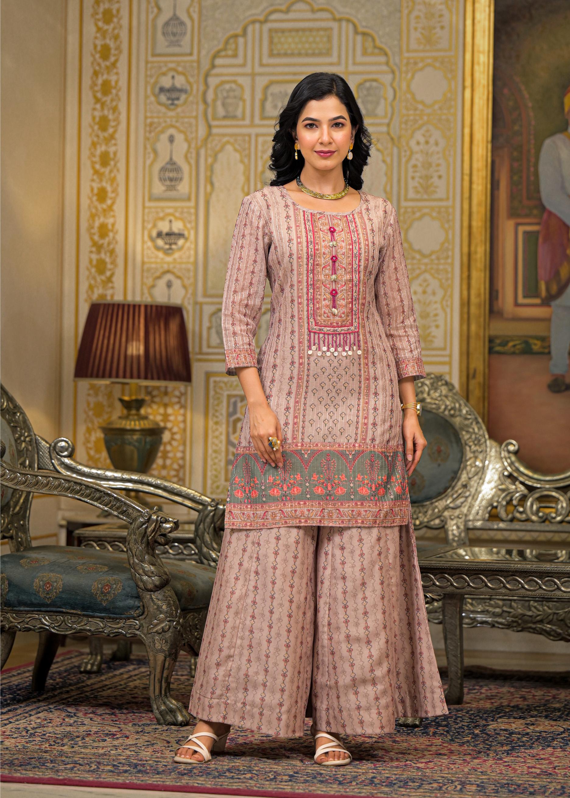 Beige Floral Printed Embroidered Straight Kurta & Palazzo with Dupatta
