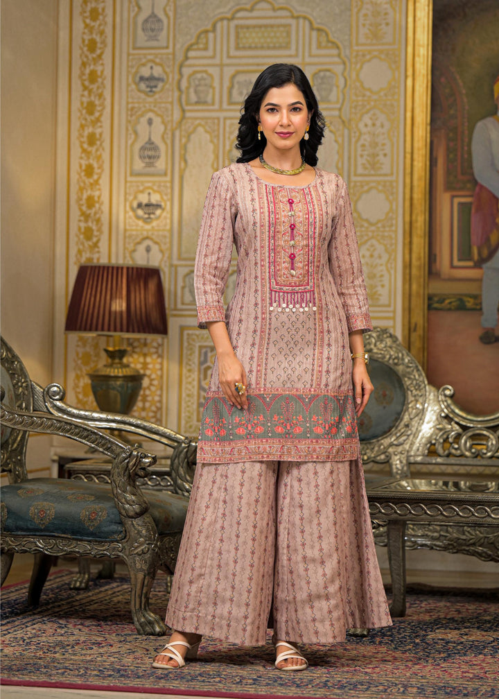 Beige Floral Printed Embroidered Straight Kurta & Palazzo with Dupatta