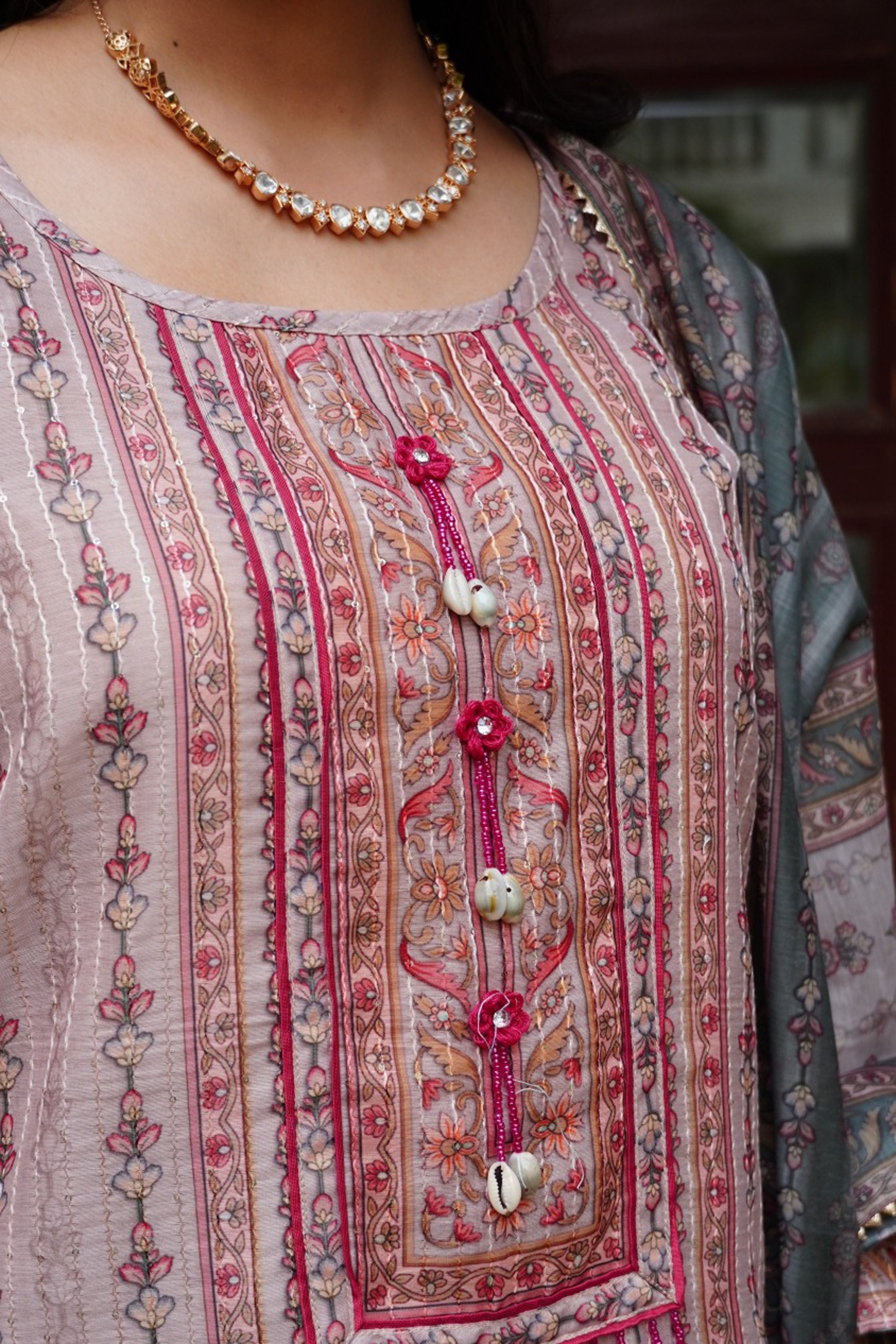 Beige Floral Printed Embroidered Straight Kurta & Palazzo with Dupatta